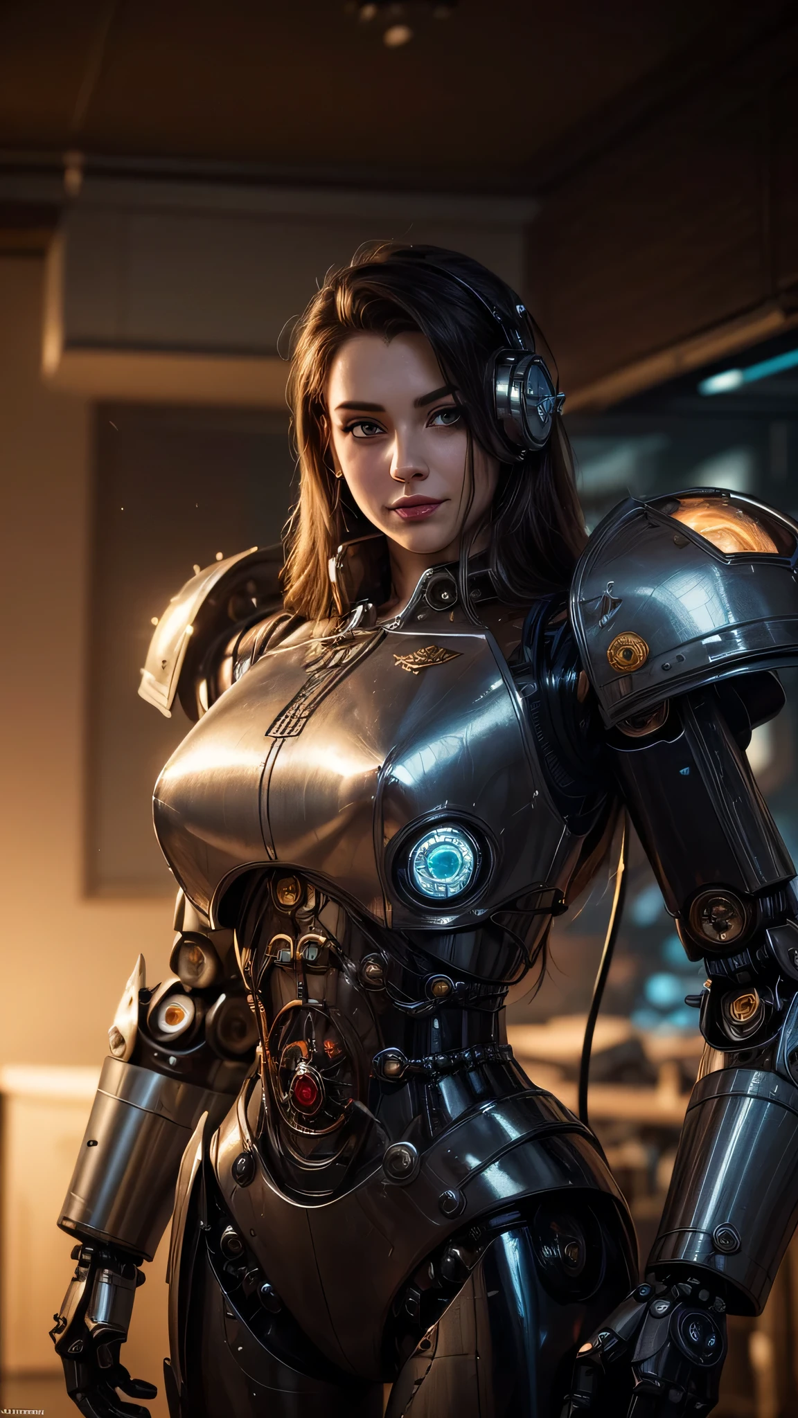 ((best quality: 1.5, masterpiece)), intricate details, soft focus, professional, real life, realistic representation of the face, dim volumetric lighting, dynamic pose, in the style of realistic and hyper detailed renderings BREAK (((2 characters, one cyberpunk steampunk girl, clockwork armor, black chrome armor:1.4, (background red white mecha, mechanical robot, weapons, Warhammer Dreadnaught)))), film grain, bokeh, black background, dark empty room, golden hour, emerald, nose piercing, smiling, playing, photorealistic, hyper-realistic, 8K