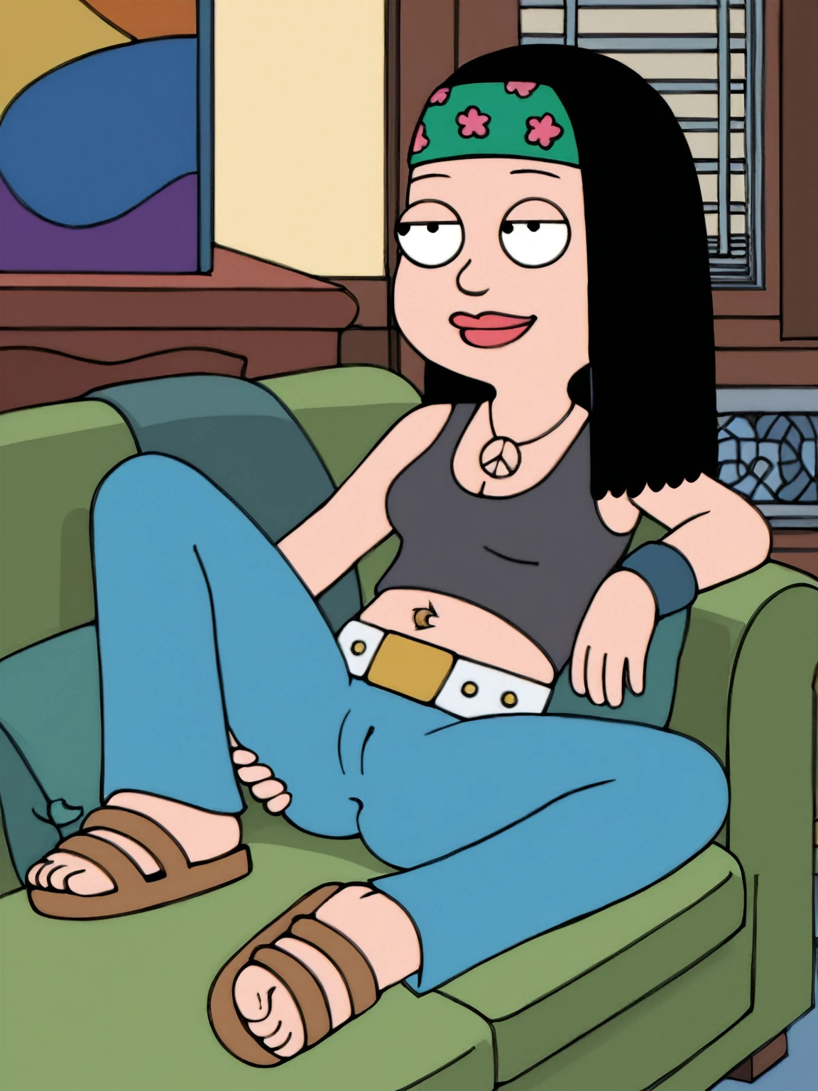 score_9_up,score_8_up,score_6,score_5,score_4, hayley, 1girl, black hair, long hair, solo, necklace, jewelry, tank top, headband, midriff, pants, sandals, belt, navel piercing, smile, full body, toon \(style\), sitting on sofa, living room, sexy, spread legs, cameltoe, wet skin, ass, ass focus, spread ass, ass zoom in,