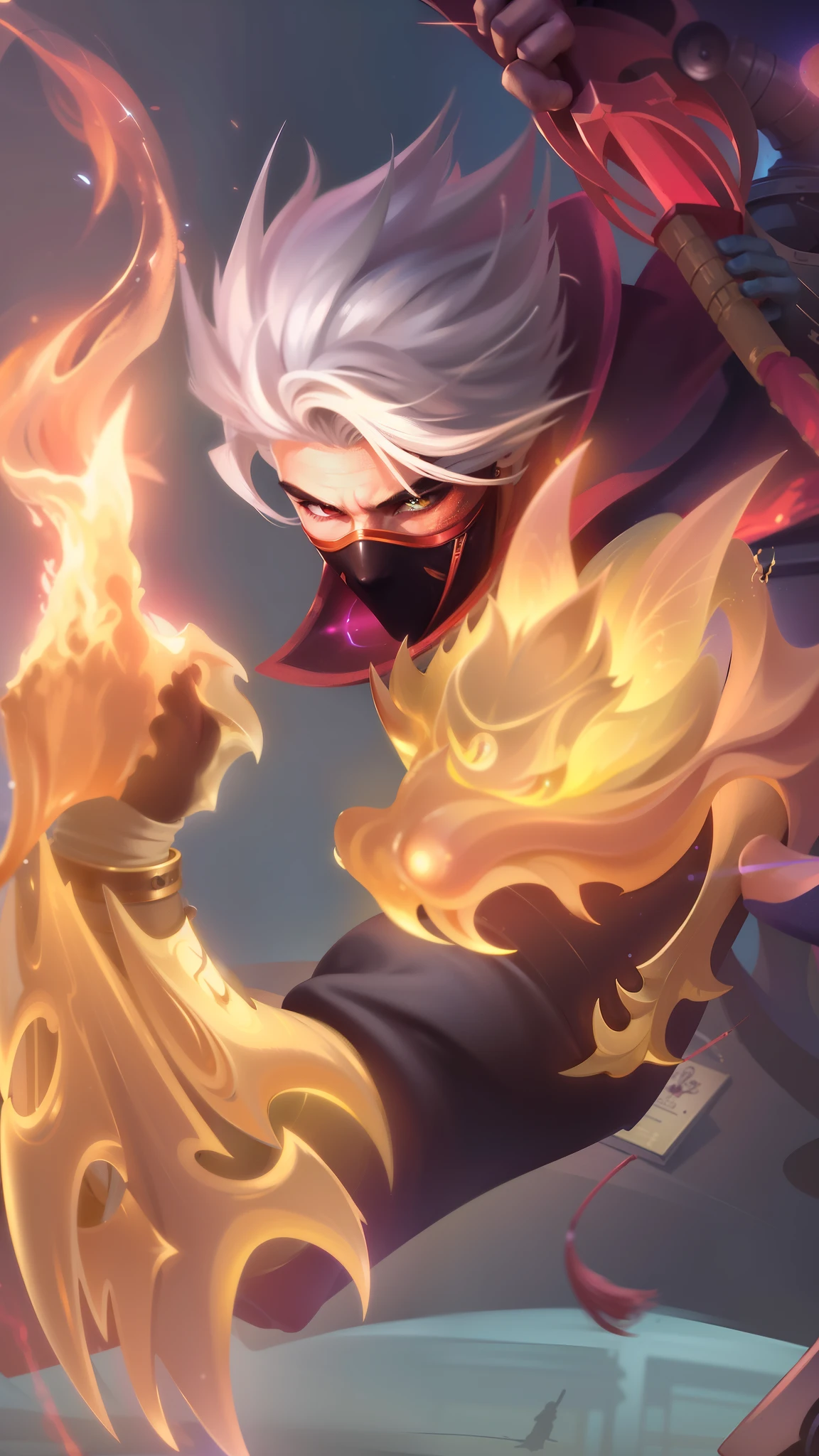 a close up of a boy holding a fire ball in their hand, boy with a steampunk mask on, holding a fire in a fire, velvet background, realistic suit, ezreal (league of legends, realism art, mobile legends, riot game, style league of legends, inspired by Li Shida, fighting game character, tracer, league of legends character, gold paladin, wukong, wild rift, glow particle, white hair color, realistic suit masterpiece, sword, realistic sword, realism masterpiece, natural lighting, strong realistic texture, red eye glow, lots hair