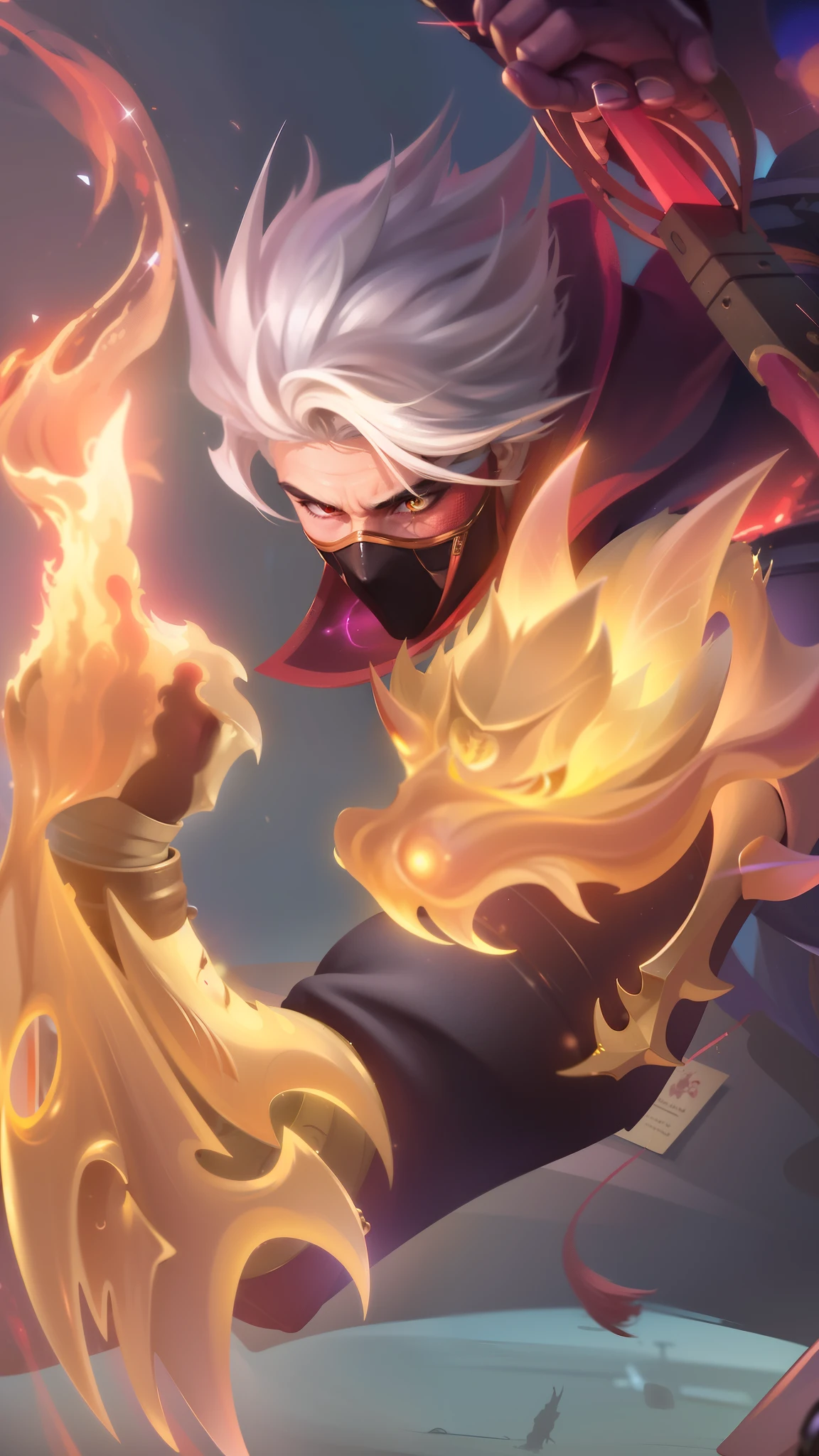 a close up of a boy holding a fire ball in their hand, boy with a steampunk mask on, holding a fire in a fire, velvet background, realistic suit, ezreal (league of legends, realism art, mobile legends, riot game, style league of legends, inspired by Li Shida, fighting game character, tracer, league of legends character, gold paladin, wukong, wild rift, glow particle, white hair color, realistic suit masterpiece, sword, realistic sword, realism masterpiece, natural lighting, strong realistic texture, red eye glow, lots hair