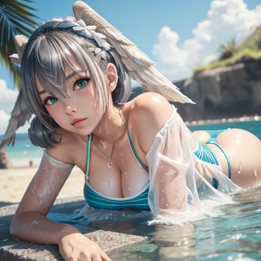 score_9, score_8 up, score_7 up, masterpiece, best quality, highly detailed, 1girl, solo, silver hair, curly hair, teal eyes, head wings, hair between eyes, medium hair, highres, , medium breastilian swimsuit, water, outdoors, wet, wet clothes, skin tight, wet swimsuit, beach, nsfw, innocent, beautiful, laying on her side, full body