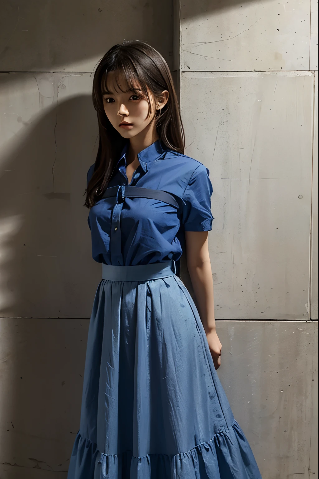 A cute girl is confined and tied up、Inside the room、Blue semi-long skirt、Red short sleeve shirt、Standing in front of a wall、Beauty、Age 25、Medium build、Like real life、highest quality、