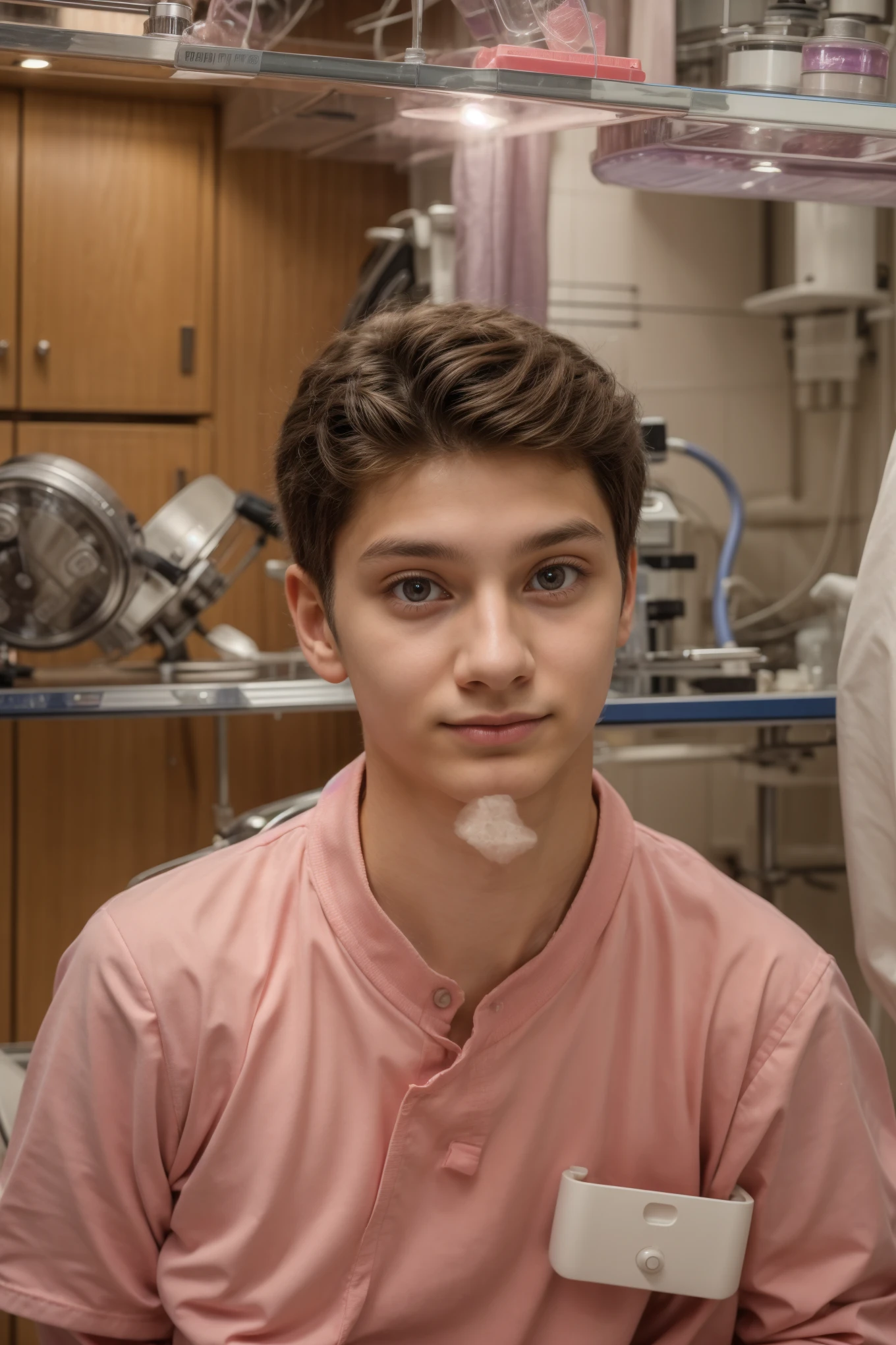 A beautiful young male twink, cute, with black hair combed up and wearing a long-sleeved, pink shirt. He looks proudly in the operating room with medical equipment behind him and a face made up.