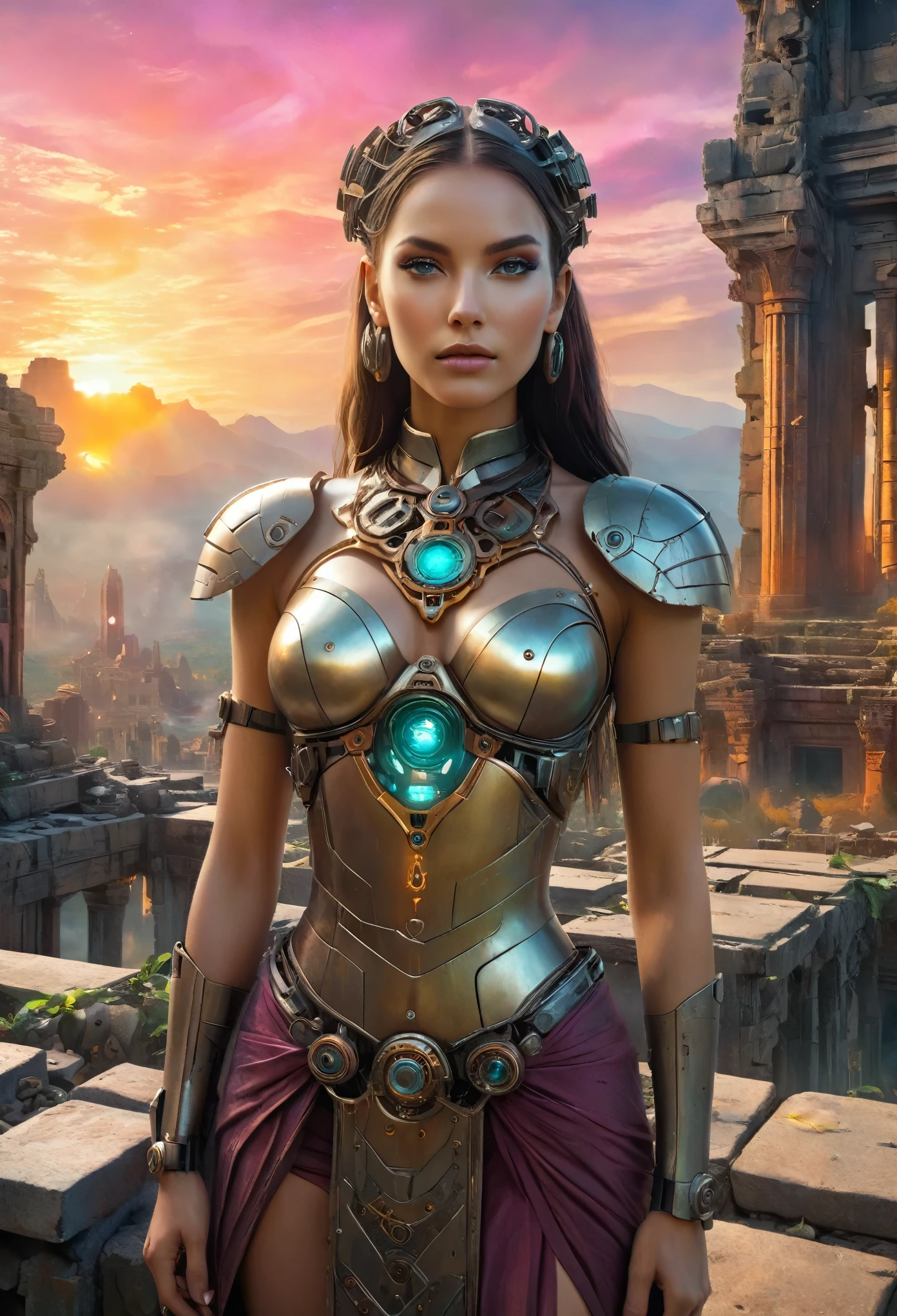 (best quality,4k,8k,highres,masterpiece:1.2),ultra-detailed,realistic:1.37,a beautiful cyborg girl standing in the ruins of the Inca Empire, Insertion, metallic body, glowing cybernetics, graceful facial features, mysterious eyes, cybernetic enhancements, ethereal appearance, the ancient stone structures, stones and vines, delicate lotus blossoms, steampunk-inspired elements, ancient technology fused with futuristic enhancements, vibrant colors contrasting with the weathered ruins, fierce determination in her eyes, holding a holographic map to unlock the secrets of the lost civilization, artistic portrait with surreal elements, soft lighting creating a dreamlike atmosphere, colorful sunrise painting the sky with shades of orange and pink, scattered ancient artifacts hinting at a forgotten past.