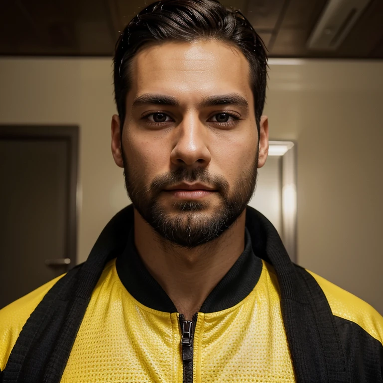 Generate a realistic digital portrait of a confident, well-built boy in his early thirties wearing a stylish yellow jacket. He has a clear, smooth complexion with subtle lighting on his face, highlighting his neatly trimmed dark black beard. The man's facial features include a square jawline and deep black eyes radiating warmth and charisma."


