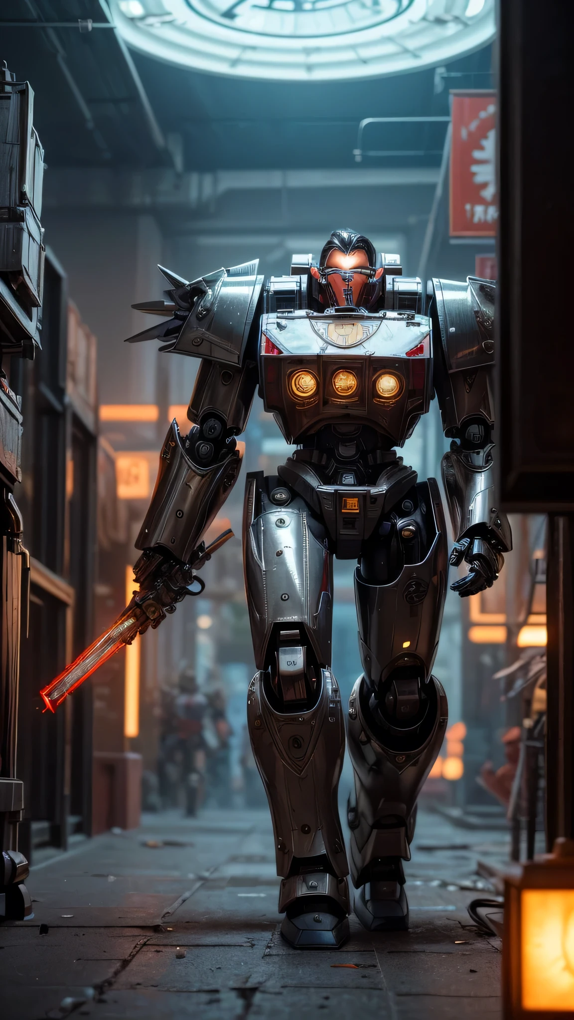 ((best quality: 1.5, masterpiece)), intricate details, soft focus, professional, real life, realistic representation of the face, dim volumetric lighting, dynamic pose, in the style of realistic and hyper detailed renderings BREAK (((2 characters, one cyberpunk steampunk girl, clockwork armor, black chrome armor:1.4, (background red white mecha, mechanical robot, weapons, Warhammer Dreadnaught)))), film grain, bokeh, black background, dark empty room, golden hour, emerald, nose piercing, smiling, playing, photorealistic, hyper-realistic, 8K