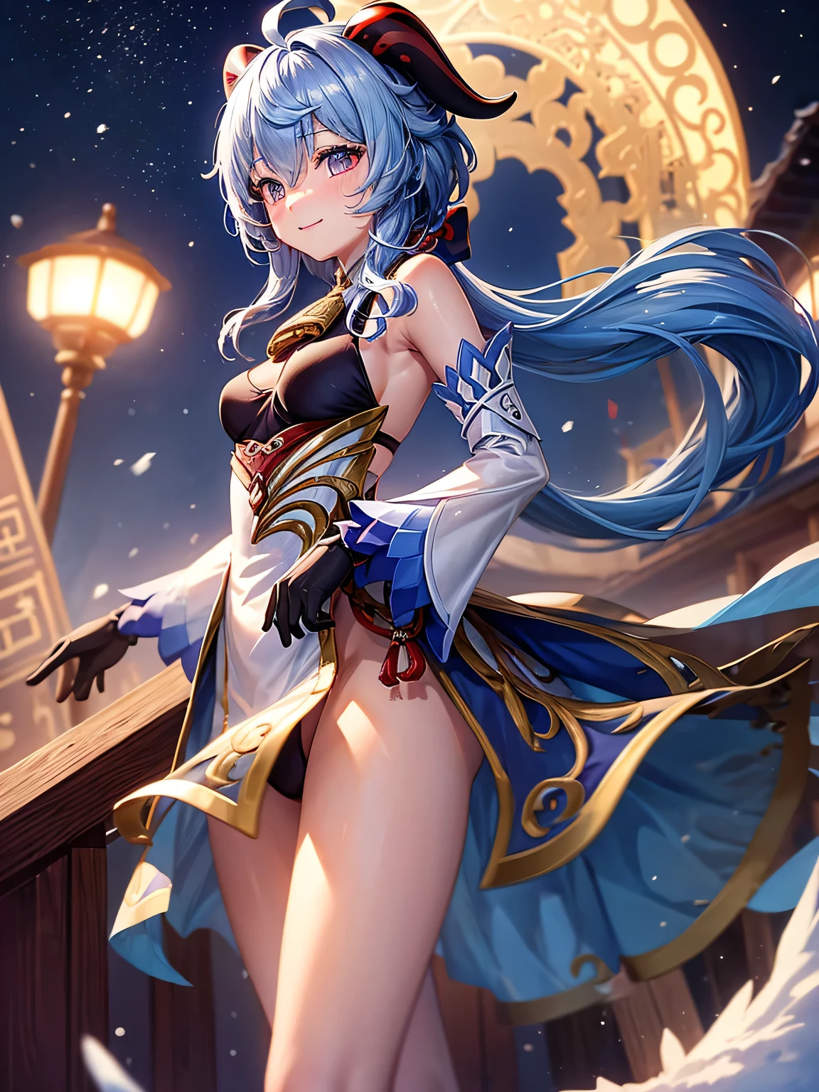 [ganyudef]:1.5,((masterpiece,highest quality,Detailed images,Beautiful images))1.4(ganyu images、panty hose:1.1、smile、Western-style snow town、night、Snowflakes drifting all around、The wind is blowing、Bright lighting overall、Backlight、A fantastic atmosphere、Thick Fog)1.1(Beautiful body lines、small beauty breasts、Beautiful side breasts)
