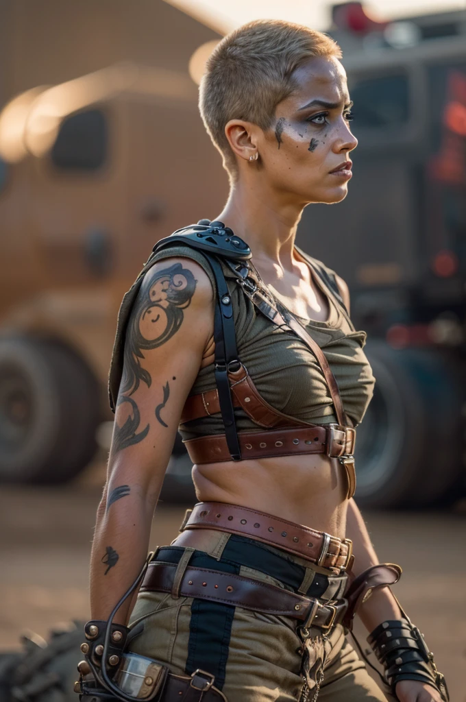 (Furiosa), Best_QualityPos, RAW photo, intricate details, best quality, 8k uhd, dslr, soft lighting, 1girl, solo, slender body, single pauldron, single mechanical arm, shirt, belt, pants, facepaint, very short hair, 25 years old female , 8K, mad max landscape background