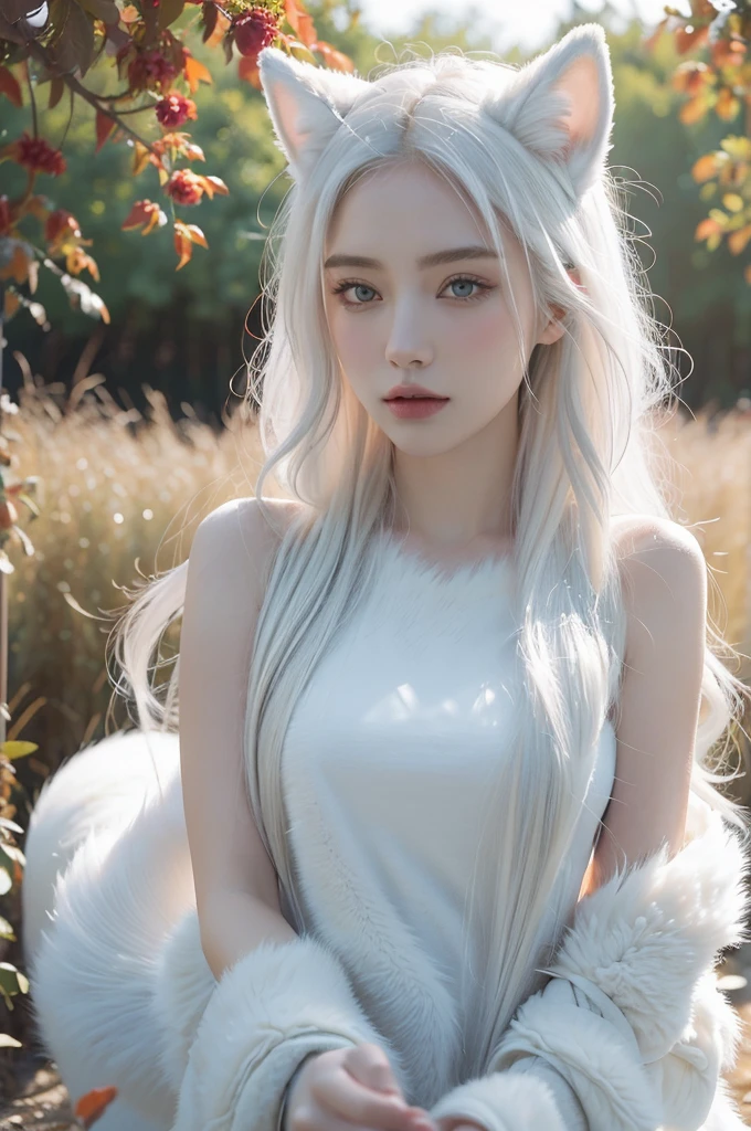 ( masterpiece, top quality, best quality,8k,17 years old girl,ultra detailed,raw photo:1.5),(photorealistic:1.4),(cinematic lighting), PerfectNwsjMajic, , Surrealism, UHD, ccurate, Super detail, textured skin, High detail, Best quality, dynamic angle, (high nose,White skin),[Beautiful blue eyes],[flat chest:large breasts:0.5],(1girl),(good anatomy:0.5)), Nine snow-white fox tails (1.0), Milky white fox tail (1.0), Close-up of nine-tailed fox, Nine tails, Nine tails，There are flowers on the hair, Very beautiful fox girl, Beautiful anime fox girl, Beautiful fantasy, guweiz, girl with fox ears, Very beautiful and charming fox girl, flower rain, The background  blurred, Artistic interpretation,a whimsical illustration, Subtle colors and tones, mystical aura,white hair, vixen , hairstyle
