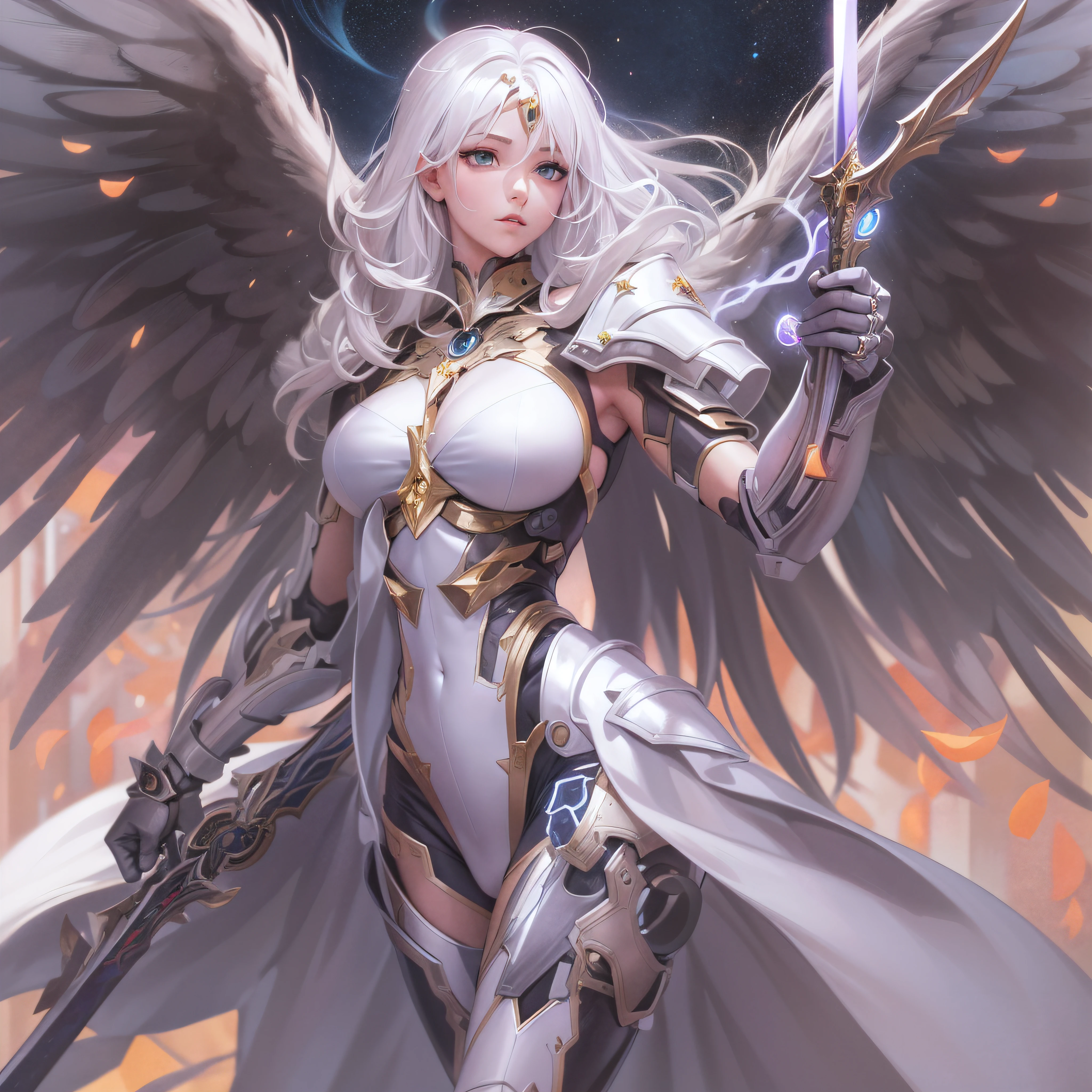 une femme en costume avec une épée, belle fille ange cyborg, germe d'extremely detailed art, animated goddess, chevaliers de la fille du zodiaque, white-haired deity, épingler sur l'anime, oeuvre fantastique d'anime, Beautiful seductive, Animated Woman, Fille d'anime d'female action, fille androïde parfaite, cyborg goddess in cosmos, artgerm sur artstation pixiv, center, negative_espace