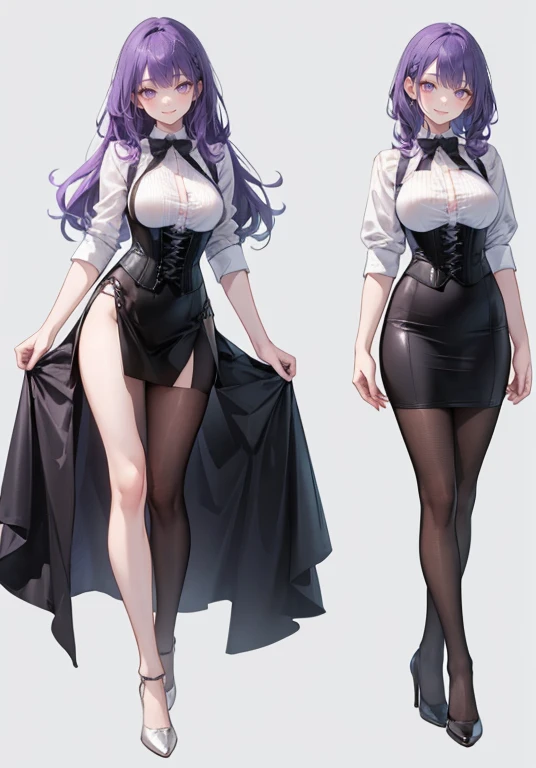 Purple hair,long hair,Adult female,Bartender,((Body harness)),((Rolling up your sleeves shirt)),(Corset),(skirt),(slit),High heels,((Simple background)),Smile,((Full body)),((whole body)),Character Sheet,