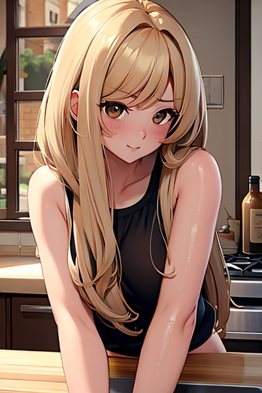 Female; long dark blonde hair; brown eyes; nude; kitchen counter; wet pussy; sexual position; masturbating