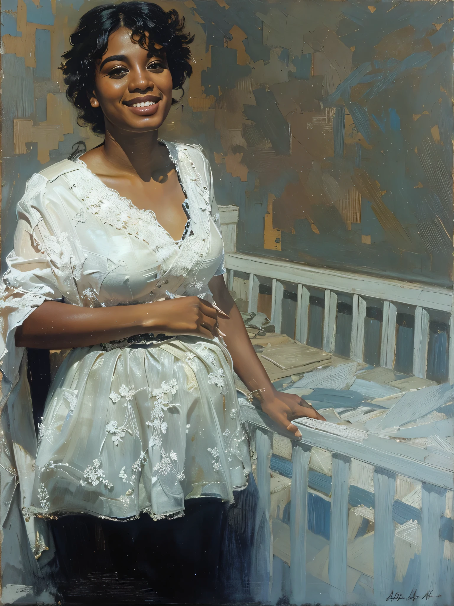 there's a woman standing in a room with a crib, imagem de perfilture, pregnant belly, vestindo uma bata de hospital branca, imagem borrada, the background is heavenly, pose 1 de 1 6, photoshoot, foto de uma linda, foto de baixa qualidade, imagem de qualidade muito baixa, foto de uma mulher negra, ela expressando alegria, imagem de perfil, album photo