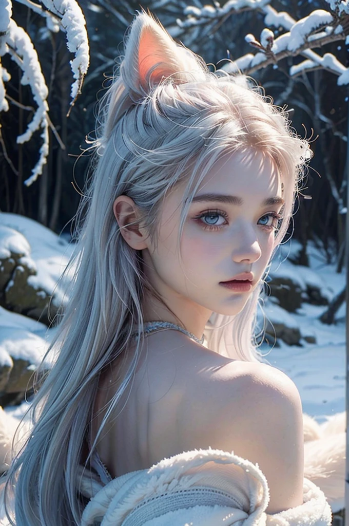 ( masterpiece, top quality, best quality,8k,17 years old girl,ultra detailed,raw photo:1.5),(photorealistic:1.4),(cinematic lighting), PerfectNwsjMajic, , Surrealism, UHD, ccurate, Super detail, textured skin, High detail, Best quality, dynamic angle, (high nose,White skin),[Beautiful blue eyes],[flat chest:large breasts:0.5],(1girl),(good anatomy:0.5)), Nine snow-white fox tails (1.0), Milky white fox tail (1.0), Close-up of nine-tailed fox, Nine tails, Nine tails，There are flowers on the hair, Very beautiful fox girl, Beautiful anime fox girl, Beautiful fantasy, guweiz, girl with fox ears, Very beautiful and charming fox girl, flower rain, The background  blurred, Artistic interpretation,a whimsical illustration, Subtle colors and tones, mystical aura,white hair, vixen , hairstyle