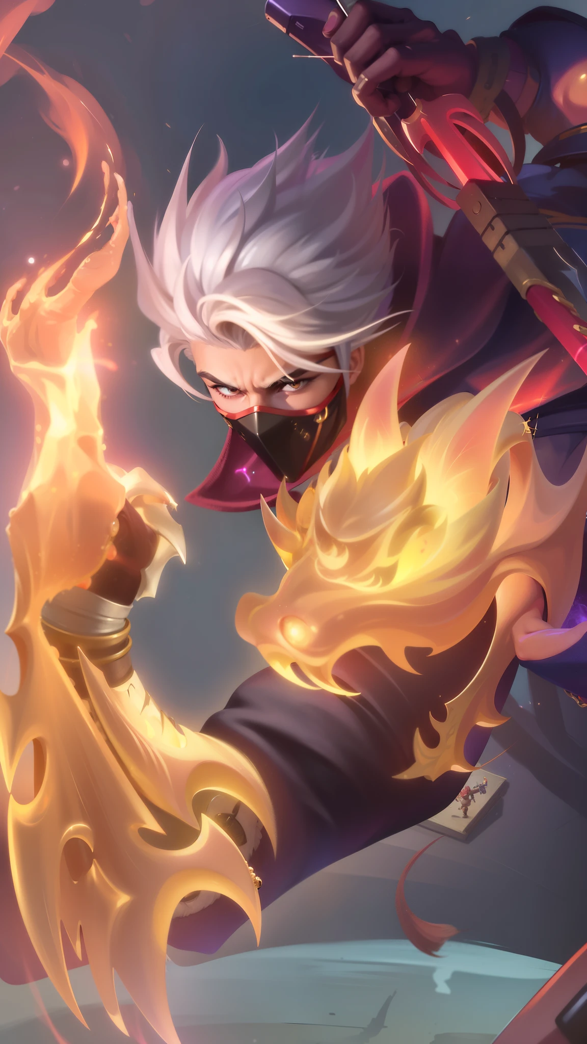 a close up of a boy holding a fire ball in their hand, boy with a steampunk mask on, holding a fire in a fire, velvet background, realistic suit, ezreal (league of legends, realism art, mobile legends, riot game, style league of legends, inspired by Li Shida, fighting game character, tracer, league of legends character, gold paladin, wukong, wild rift, glow particle, white hair color, realistic suit masterpiece, sword, realistic sword, realism masterpiece, natural lighting, strong realistic texture, red eye glow, lots hair