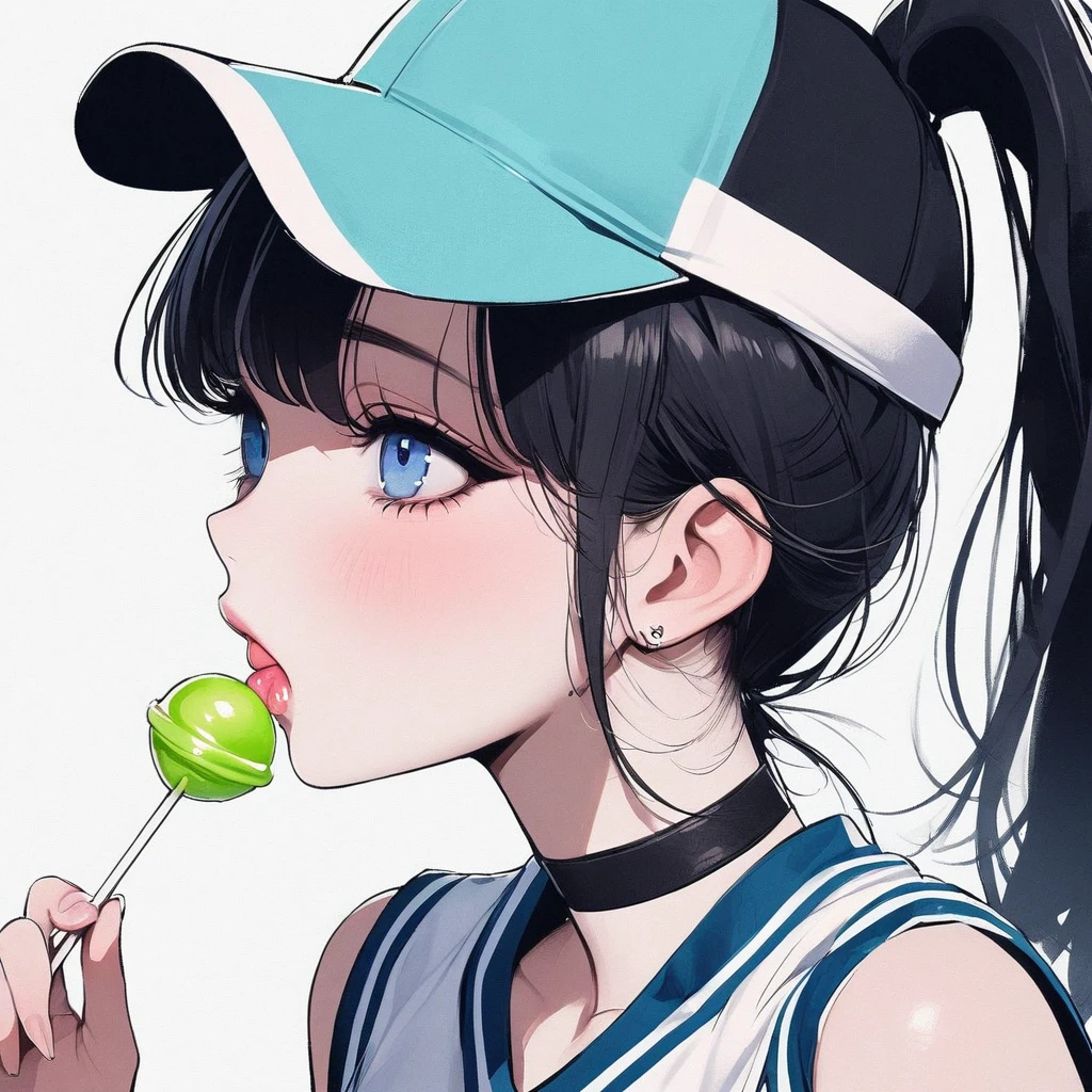 Girl, black hair, blue eyes, beautiful, cheerleader uniform, pastel colors, face close-up, flat, ponytail, sucking a green lollipop, lipgloss, brat, teen, bratty, chocker, holding lollipop 