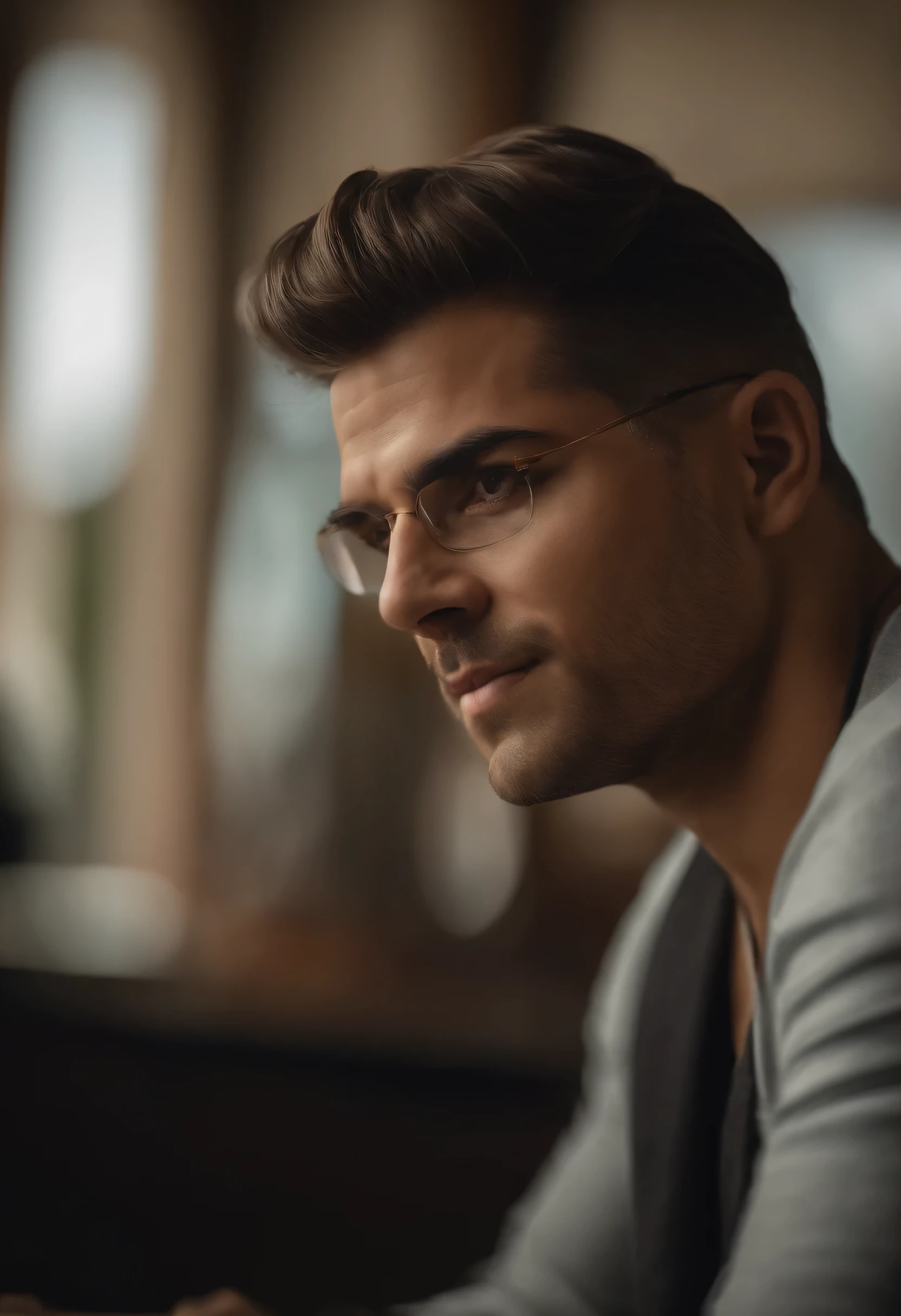A melhor qualidade,Ultra detalhado,realista:1.37,Homem bonito,Rosto bonito,olhos detalhados,queixo forte,barba por fazer,sorriso encantador,roupa casual,cabelo elegante,afeitado,Postura segura,cavalheiro,Olhar cativante,bem preparado,profesional,template appearance,cores vivas,studio lighting,tom de cor quente,metade:retrato em um computador funcionando