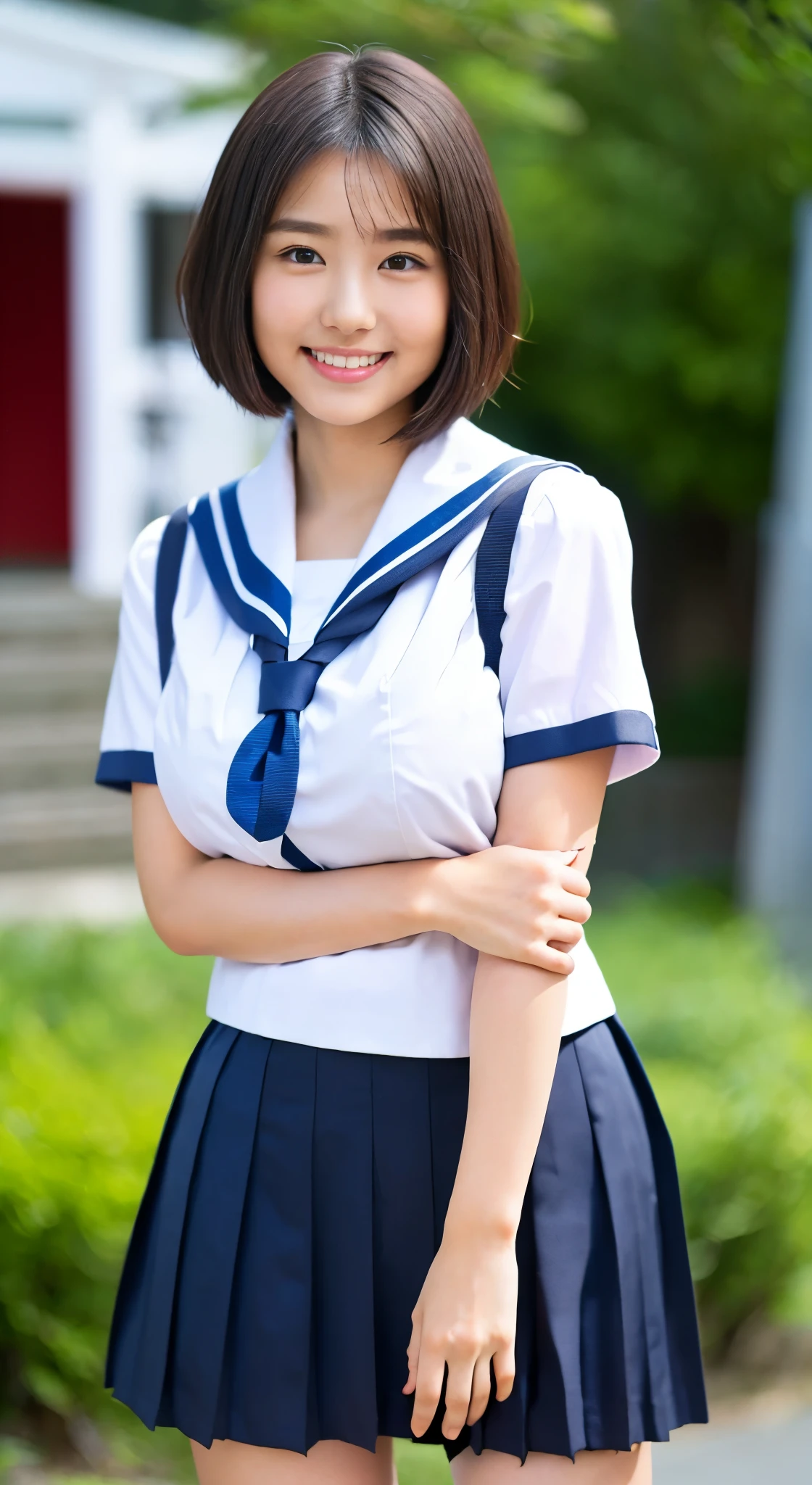 masterpiece, highest quality, Complete ???????、RAW Photos, Realistic、(Cute Face:1.7)、(Very cute smile:1.6)、(Round face:1.9)、(Baby Face:1.6)、(Very cute face like an idol:1.8), Black-haired、Written boundary depth, High resolution, Very detailed, Very detailed目と顔, Realistic student, Sharp focus, Cinema Lighting、(Clothing that emphasizes the bulge of the chest:1.2)、 (Large Breasts:1.8)、19-year-old female、One Woman、 (Very short hair:1.8)、  (Japanese 、school uniform:1.5)、Very detailed8k壁紙、(too short pleated skirt:1.7)、(Use both hands to pull up the hem of your skirt、Showing her white panties to the camera:1.6）、(whole body:1.5)、Are standing、Angle from below、(Thigh close-up:1.8)、Written boundary depth、Background Blur