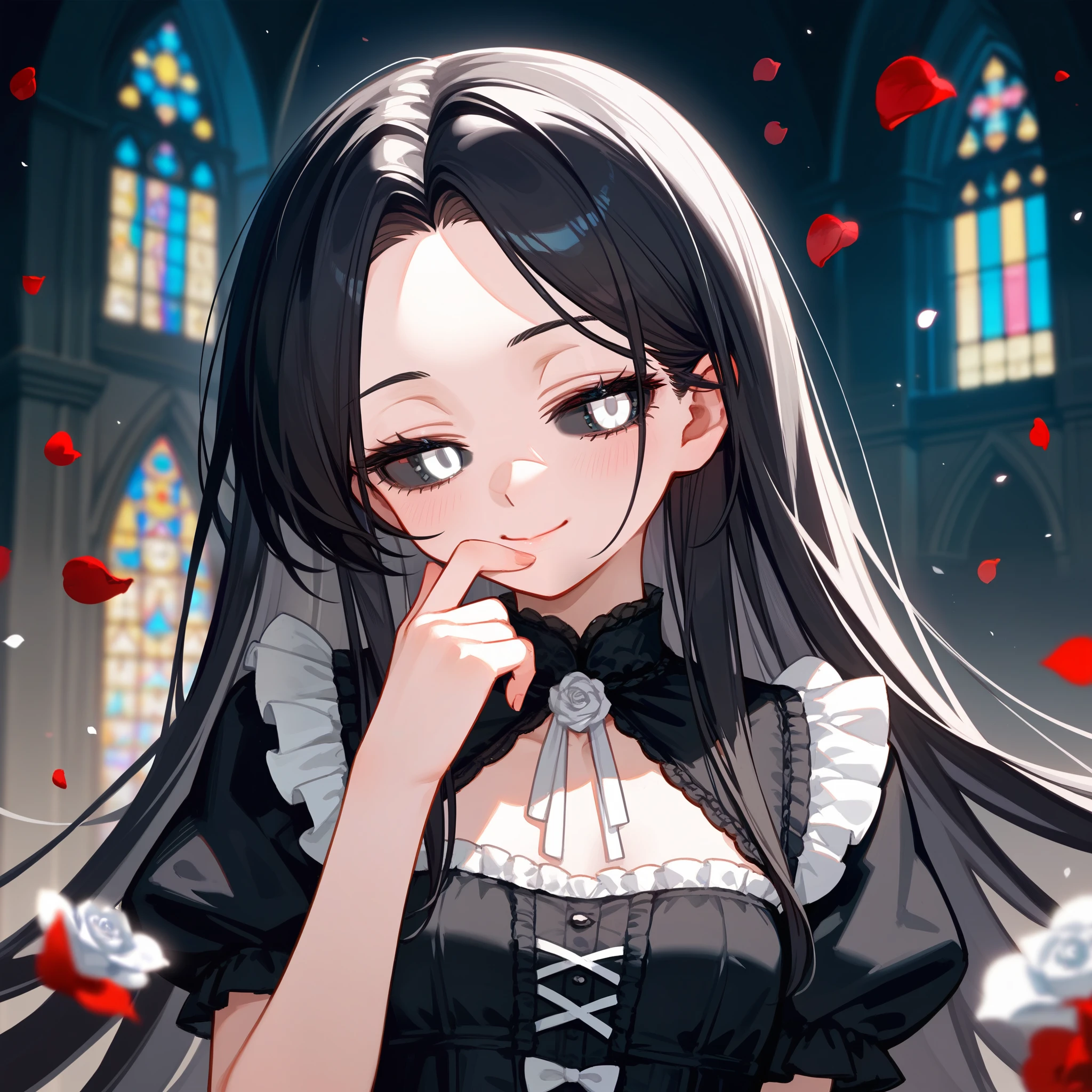 masterpiece, upper body, score_9, score_8_up, score_7_up, front, 1girl, solo, black hair, long hair, parted bangs, white eyes, black sclera, narrowed eyes, innexpressive, small breasts, upper body, victorian fashion, black dress, frilled dress, short sleeves, closed mouth, small smile, finger over mouth, (shushing), delicate hand, white rose petals, church background, best quality
