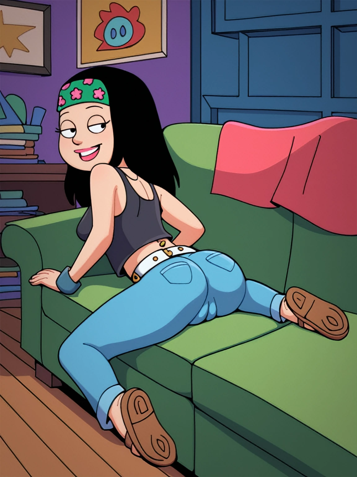 score_9_up,score_8_up,score_6,score_5,score_4, hayley, 1girl, black hair, long hair, solo, necklace, jewelry, tank top, headband, midriff, pants, sandals, belt, navel piercing, smile, full body, toon \(style\), sitting on sofa, living room, sexy, spread legs, cameltoe, wet skin, ass, ass focus, spread ass, ass zoom in, back view,