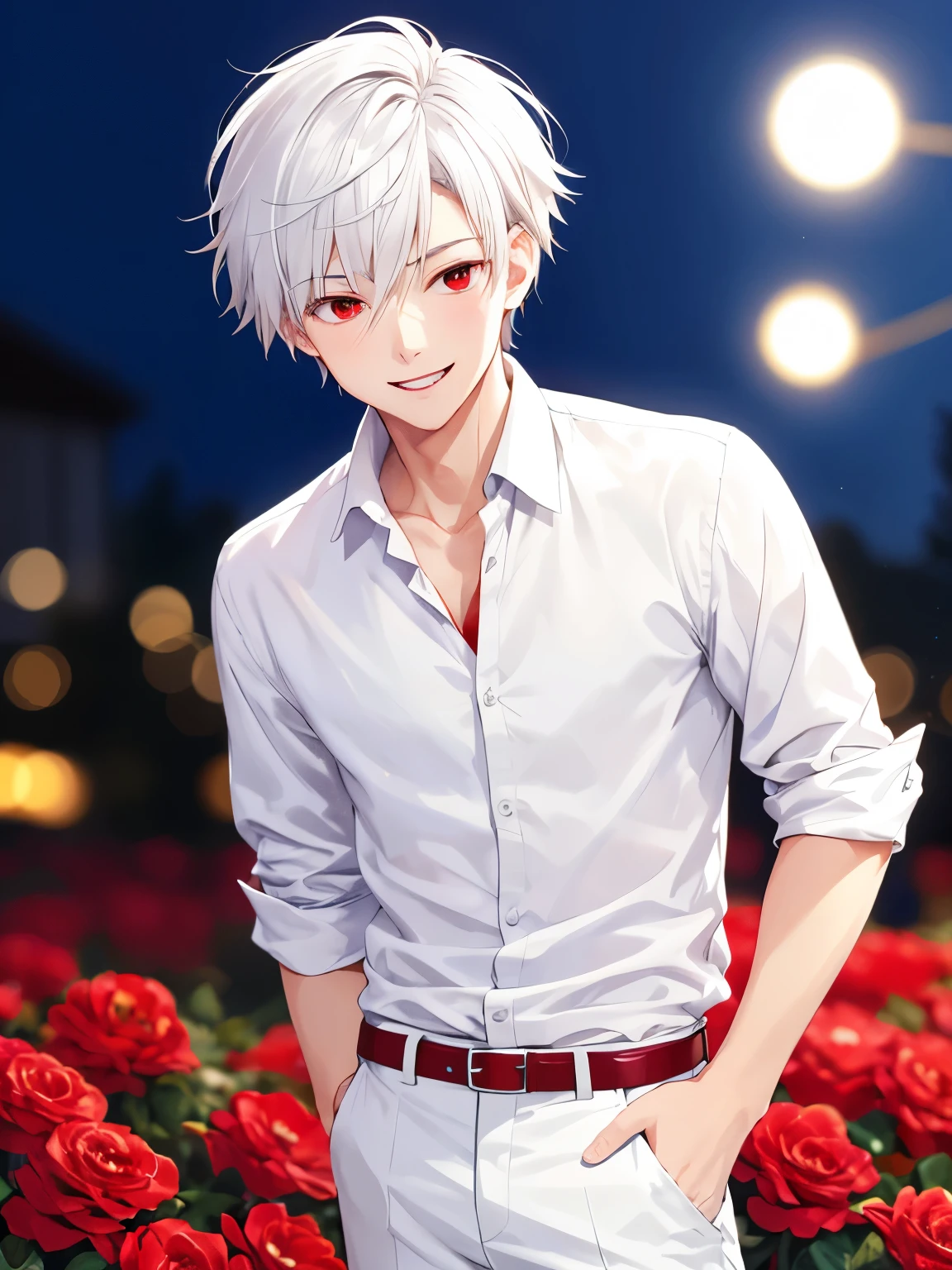1boy,Standing, smile,Hands forward,18 years old,guy, at night,close up photo,handsome,side parted hair,short hair, straight hair, white hair, white shirt,white trousers,red eyes, vampire