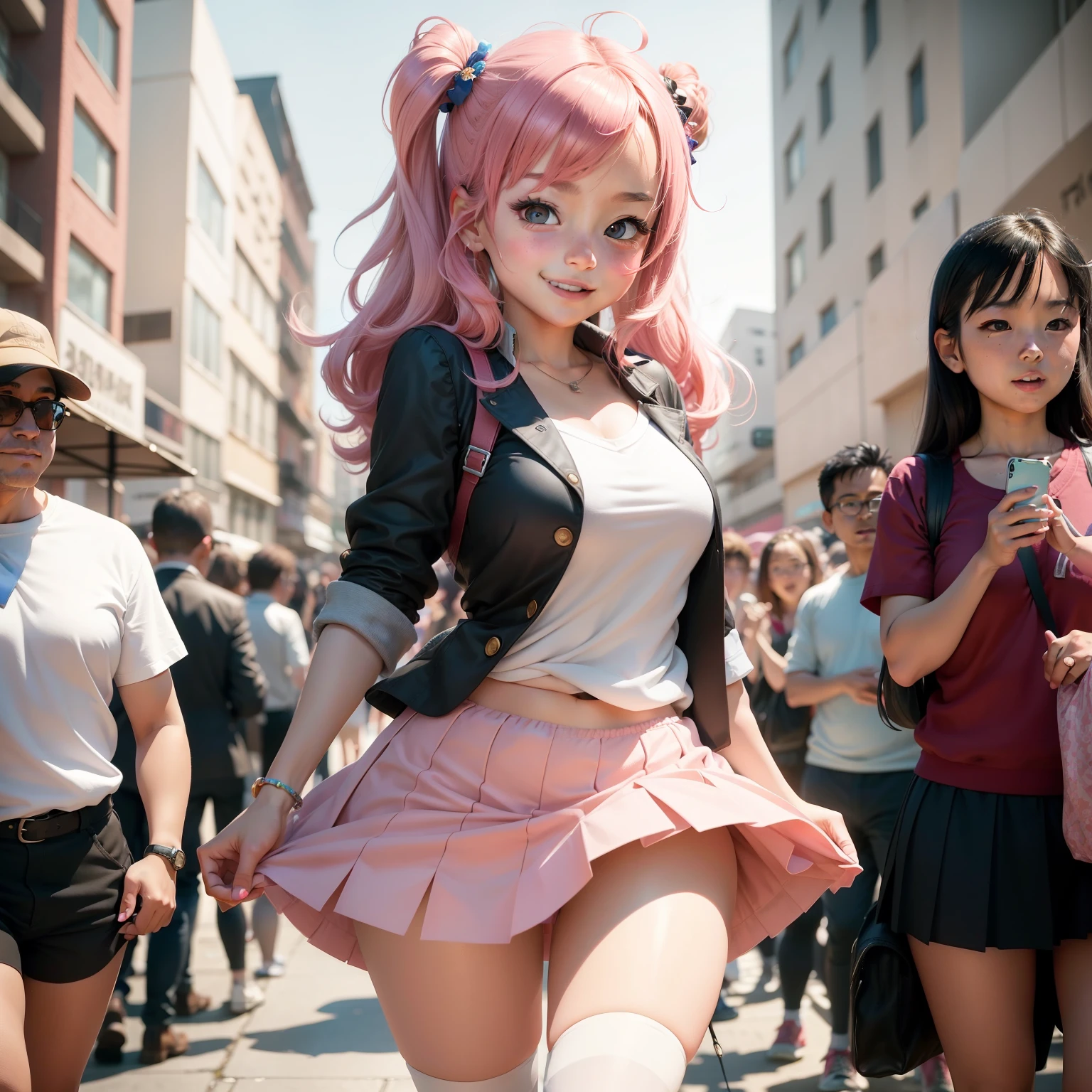 A anime girl, with youthful innocence in her eyes, stands nestled within a bustling crowd. Her tiny frame is highlighted by a vibrant, short miniskirt that flutters in the breeze. As she playfully twirls, she suddenly catches the eye of the surrounding onlookers. In a whimsical twist, she grasps the hem of her skirt and, with a mischievous smile, removes her colorful panties, revealing a pair of matching knee-high socks. The crowd gasps in surprise, but only for a moment, before erupting in laughter and applause, appreciating the anime girl's flamboyant and joyful spirit.