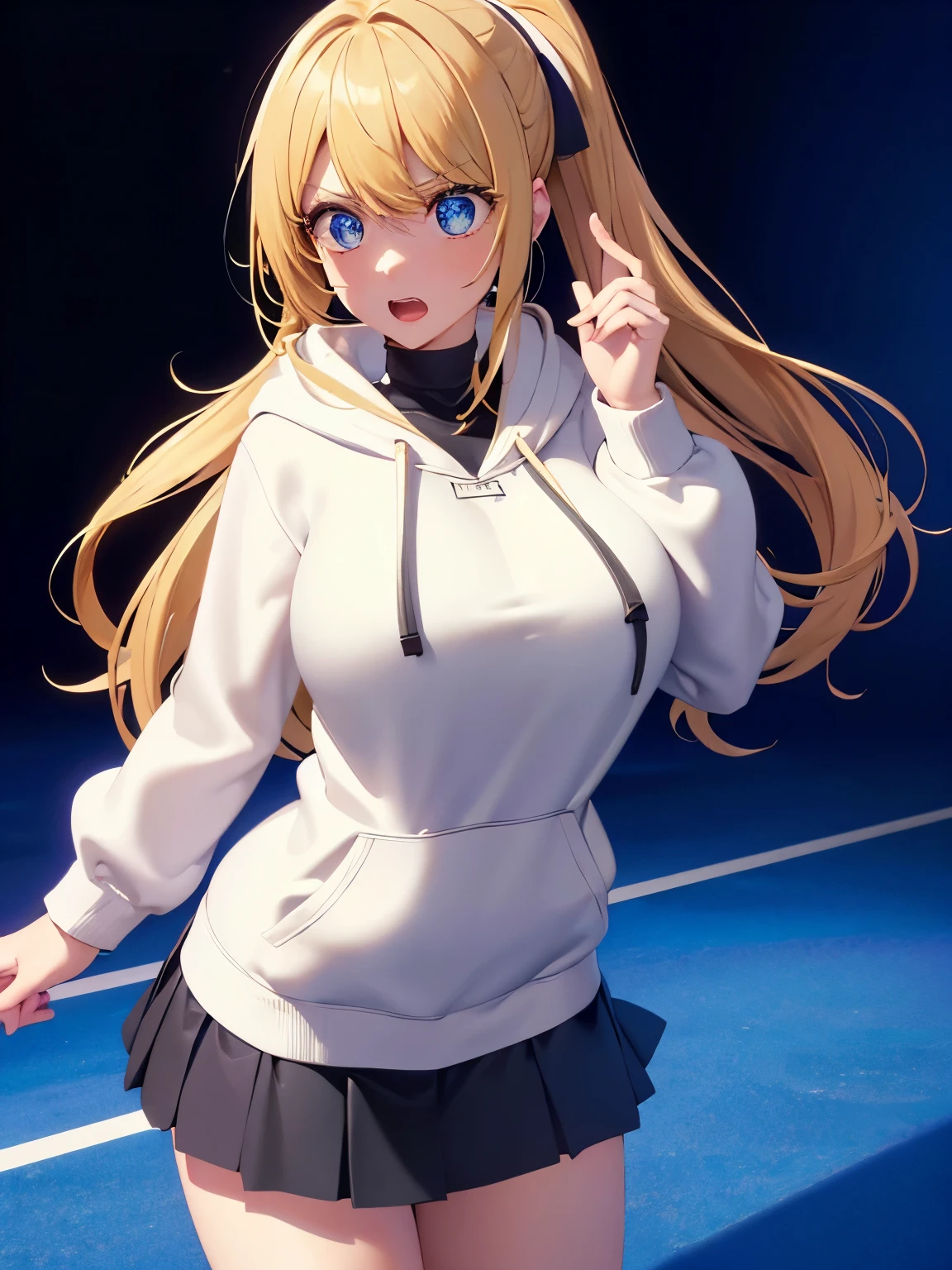 1woman,super beautiful,Standing, Shocked expression, teeth showing,half body photo,Beautiful eyes, very detailed face,cute, tennis skirt,HD face, perfect face, white hoodie,long hoodie,black mini skirt,Very big breasts,Blonde hair,long hair,ponytail,bangs,blue eyes,ultra detail,ultra Hd, masterpiece,4k