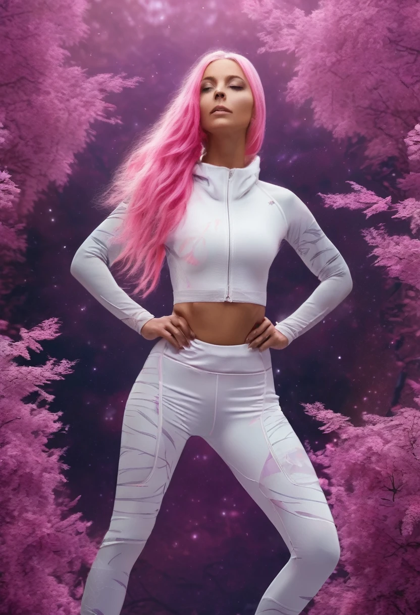 masterpiece, Best quality, Realistic, 
(Sublime femme 35 ans, sportive sexy, style futuriste de l'espace, Gilet de yoga blanc：1.2）,  seul, Pose，Scene details， cheveux roses, Baisse les yeux et souris，silhouette fine parfaite，((Pantalon de yoga moulant de couleur vive, Yeux violets, very long pink hair flying in the wind)), tout le corps，belle poitrine push-up，exterior bamboo and forest in space , pose emphasizing one&#39;s balance and beauty. ultra Realistic, texture de peau Realistic, 16k, longues jambes, mains parfaites, very detailed eyes perfect and sublime:1.6, the abdominals are slightly defined, 