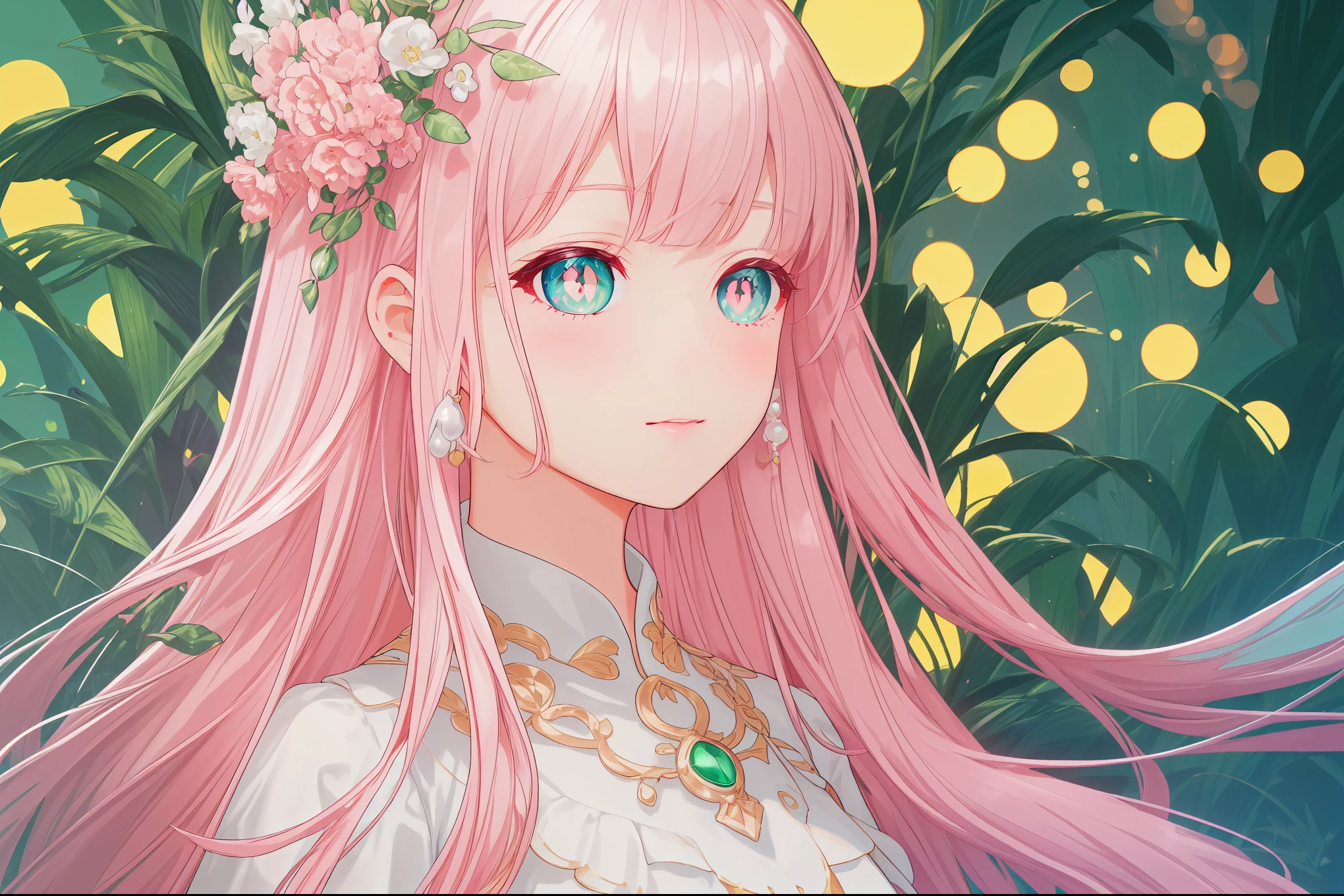 (((pearl pink hair,emerald pupils))),((beautiful and detailed)),(blushing), (geometric:1.1), ((1girl,amazing,adorable girl,solo,arms down)),(Masterpiece,Best quality, offcial art,fractal art, Beautiful and aesthetic:1.2),(4k,HD,HRS),((small breasts)),(Physically-based rendering),Sharp focus, (((face portrait,focus on face,highdetailskin,The details are complex、Shallow depth of field、movie lighting、Reflectors、a Canon EOS R5、50mm lens、f / 2.8、shot at 8k resolution))),correct pupils,((((shiny hair|detailed hair|half bangs|long hair)))),(masterpiece sidelighting),(The sheen),(beautiful hair,bokeh:55mm)),((extremely_Detailed_Eyes_and_face)),Movie girl,(standing),Brilliant