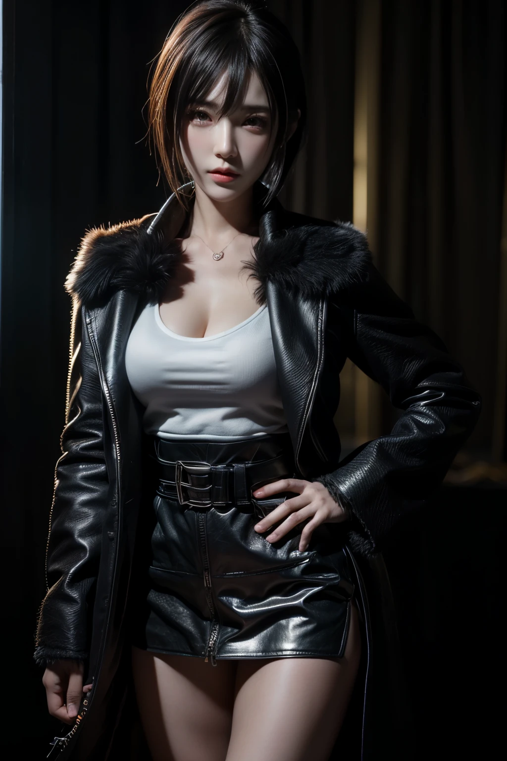 there is a woman with a fur coat and a belt, anime girl in real life, photorealistic anime girl render, ig model | artgerm, fubuki from one punch man, green hime cut hair, with short hair, realistic artstyle, masayoshi suto and artgerm, 8k, High quality image, masterpiece, detailed hair texture, detailed skin texture, detailed cloth texture, 8k, add fabric details, ultra detailed skin texture, ultra detailed photo, skin pores, cloth details, high skin details, realistic hair details, dramatic light, a woman, looking at the viewers.