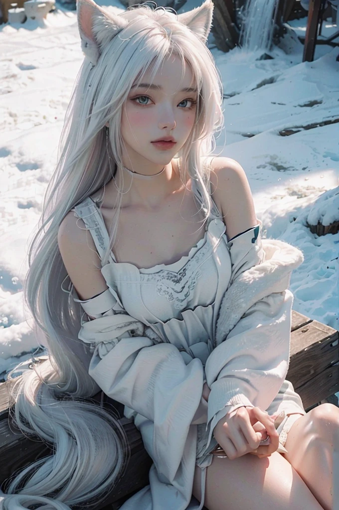 ( masterpiece, top quality, best quality,8k,17 years old girl,ultra detailed,raw photo:1.5),(photorealistic:1.4),(cinematic lighting), PerfectNwsjMajic, , Surrealism, UHD, ccurate, Super detail, textured skin, High detail, Best quality, dynamic angle, (high nose,White skin),[Beautiful blue eyes],[flat chest:large breasts:0.5],(1girl),(good anatomy:0.5)), Nine snow-white fox tails (1.0), Milky white fox tail (1.0), Close-up of nine-tailed fox, Nine tails, Nine tails，There are flowers on the hair, Very beautiful fox girl, Beautiful anime fox girl, Beautiful fantasy, guweiz, girl with fox ears, Very beautiful and charming fox girl, flower rain, The background  blurred, Artistic interpretation,a whimsical illustration, Subtle colors and tones, mystical aura,white hair, vixen , hairstyle