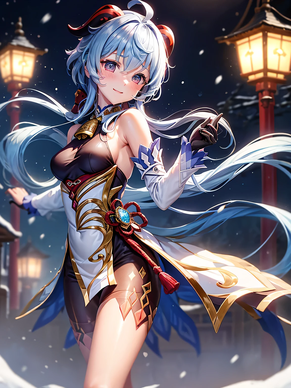 [ganyudef]:1.5,((masterpiece,highest quality,Detailed images,Beautiful images))1.4(ganyu images、panty hose:1.2、smile、Western-style snow town、night、Snowflakes drifting all around、The wind is blowing、Bright lighting overall、Backlight、A fantastic atmosphere、Thick Fog)1.1(Beautiful body lines、small beauty breasts、Beautiful side breasts)
