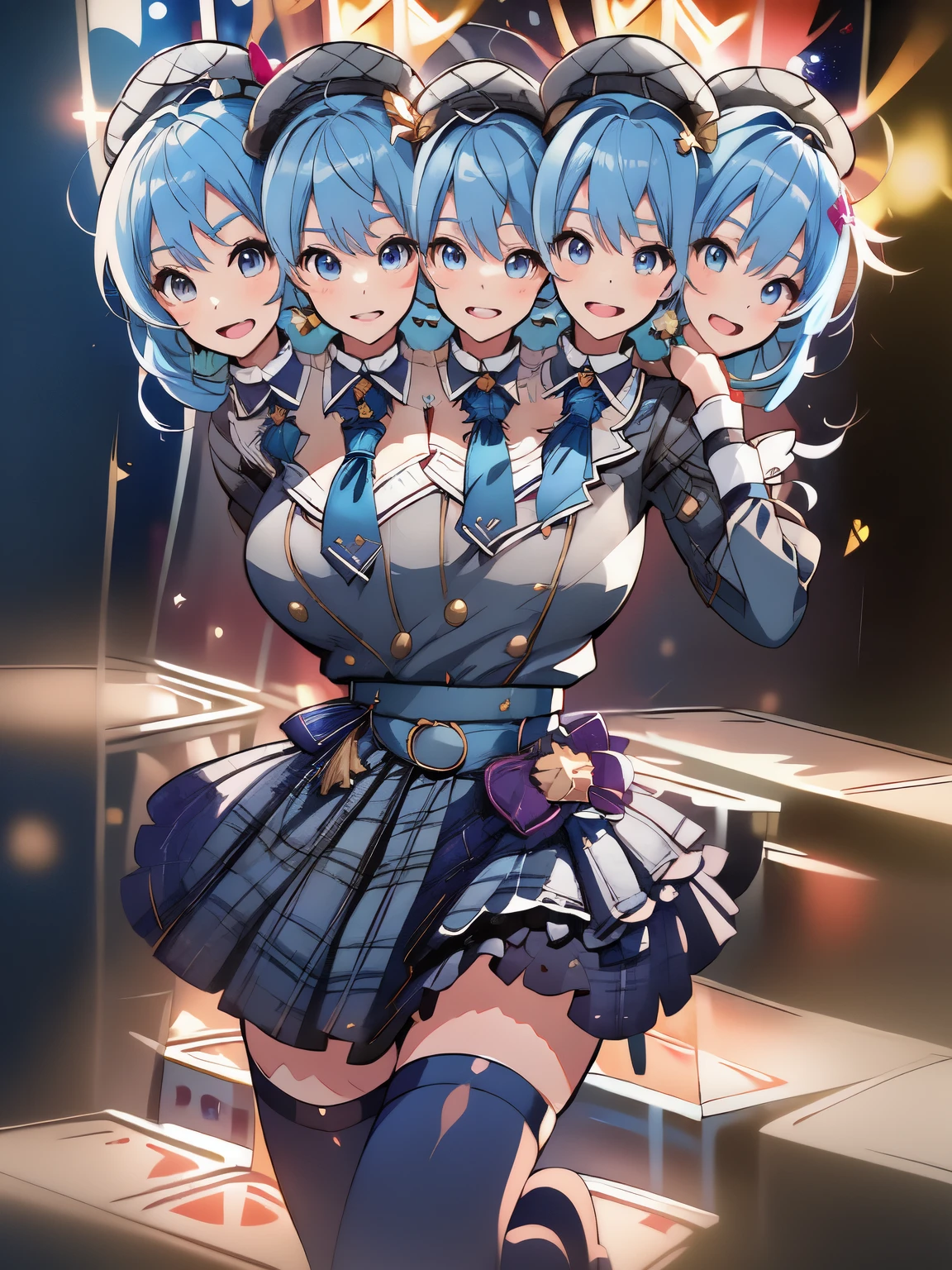 (masterpiece, best quality), best resolution, 16k, (2heads:2.0), close-up, 1girl, solo, HoshimachiSuisei, side ponytail, blue hair ribbon, SuiseiBase, plaid beret, crown, blue star choker, star earrings, blue ascot, plaid jacket, plaid skirt, layered skirt, partially fingerless gloves, star bracelet, uneven legwear, thigh strap, standing, (raise arms, two hands make peace sign, two hands close to head), (smile, close mouth, teeth), dacing, jumping, ((heads look at each other, cheek to cheek)), exciting, concert stage, starfield, spotlight