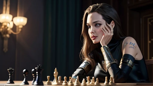 angelina jolie plays chess with robot Sophia, technological fantasy, Chinese atmosphere, technological, woman, chess tournament, magical background, realistic, detailed, angelina jolie against robot Sophia, 2 opponents