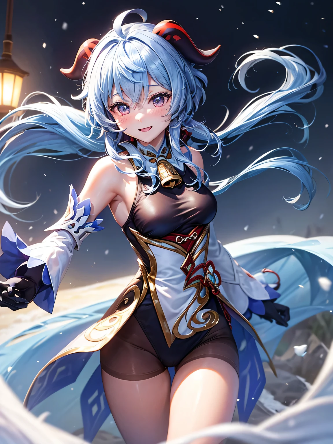 [ganyudef]:1.5,((masterpiece,highest quality,Detailed images,Beautiful images))1.4(ganyu images、panty hose:1.2、smile、Western-style snow town、night、Snowflakes drifting all around、The wind is blowing、Bright lighting overall、Backlight、A fantastic atmosphere、Thick Fog)1.1(Beautiful body lines、small beauty breasts、Beautiful side breasts)
