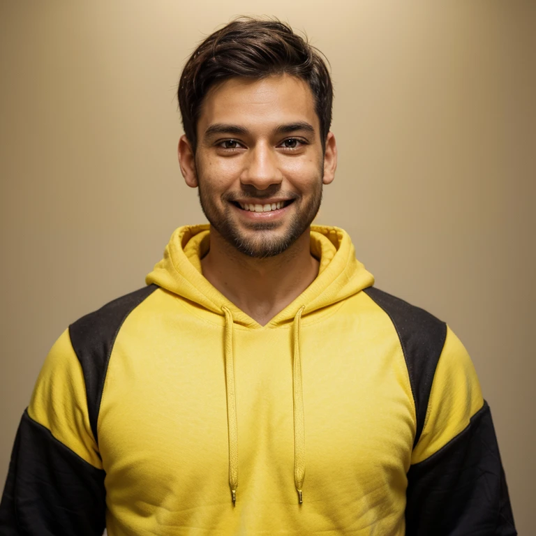 Generate a realistic digital half body portrait of smiling boy in his early thirties wearing a stylish yellow hoodie. He shows his finger on his left side He has a clear, smooth complexion with subtle lighting on his face, highlighting his neatly trimmed dark black beard. The man's facial features include a square jawline and deep brown eyes radiating warmth and charisma."