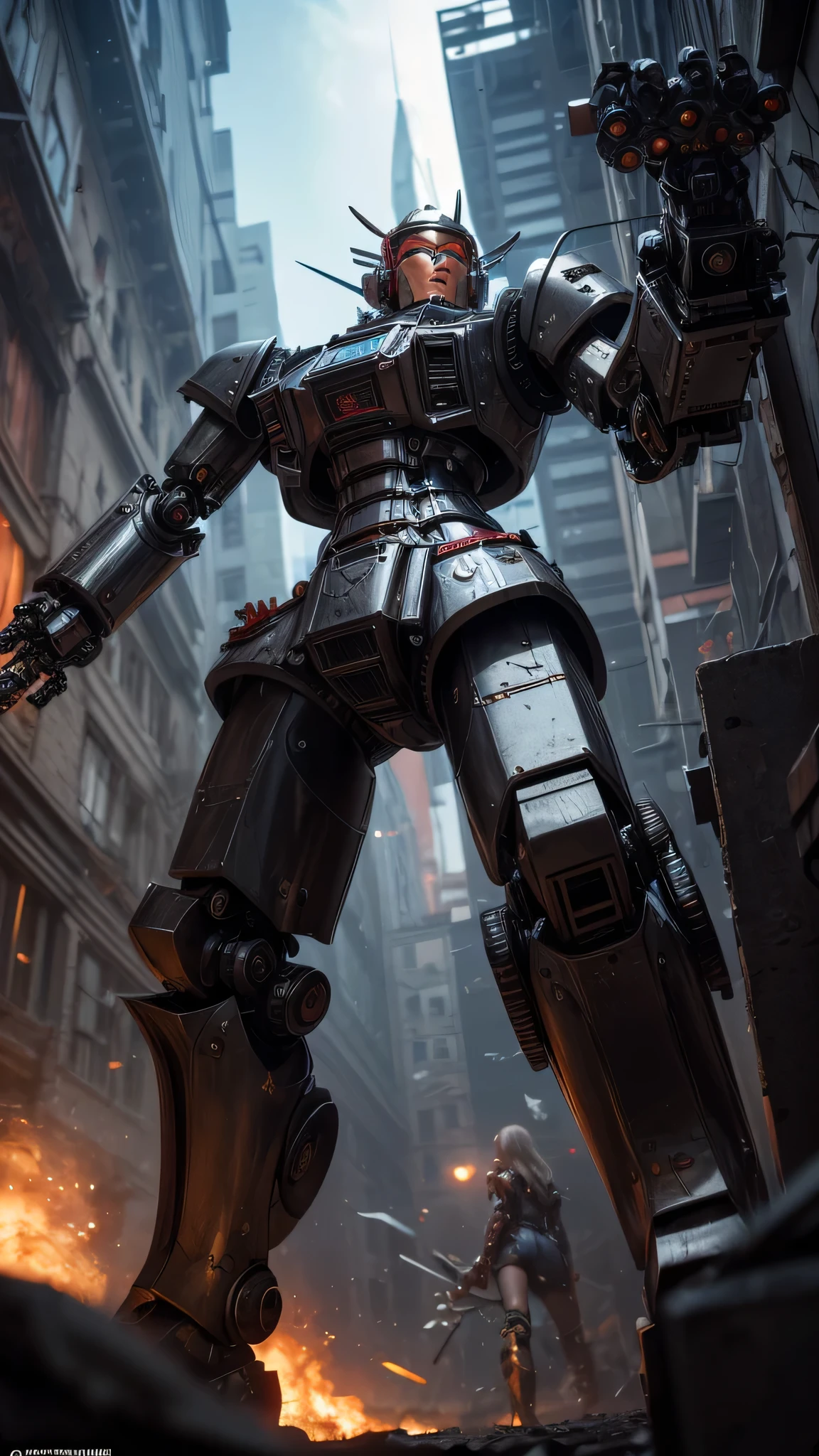((best quality: 1.5, masterpiece)), intricate details, soft focus, professional, real life, realistic representation of the face, dim volumetric lighting, dynamic pose, in the style of realistic and hyper detailed renderings BREAK (((2 characters, one cyberpunk steampunk girl, clockwork armor, black chrome armor:1.4, (background red white mecha, mechanical robot, weapons, Warhammer Dreadnaught, from below)))), film grain, bokeh, black background, dark empty room, photorealistic, hyper-realistic, 8K
