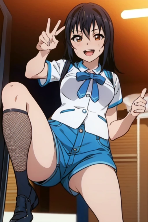 masterpiece, best quality, ultra-detailed, kawaii, cute, lovely, extremely detailed, 4K, 8K, best quality, beautiful, anime style, laboratory, yukina,(QoS tattoo:0.9), latex bodysuit, beautiful eyes, frustrated,orgasm,(leather jacket,naughty expression,denim shorts),(villain pose,open mouth,sweaty,be breathless),[peace],(crazy smile:1.2),standing and (wide spread legs:1.2) and (squatting:0.8),(dark skin:1.2),Fishnet Bodystocking,large breasts
