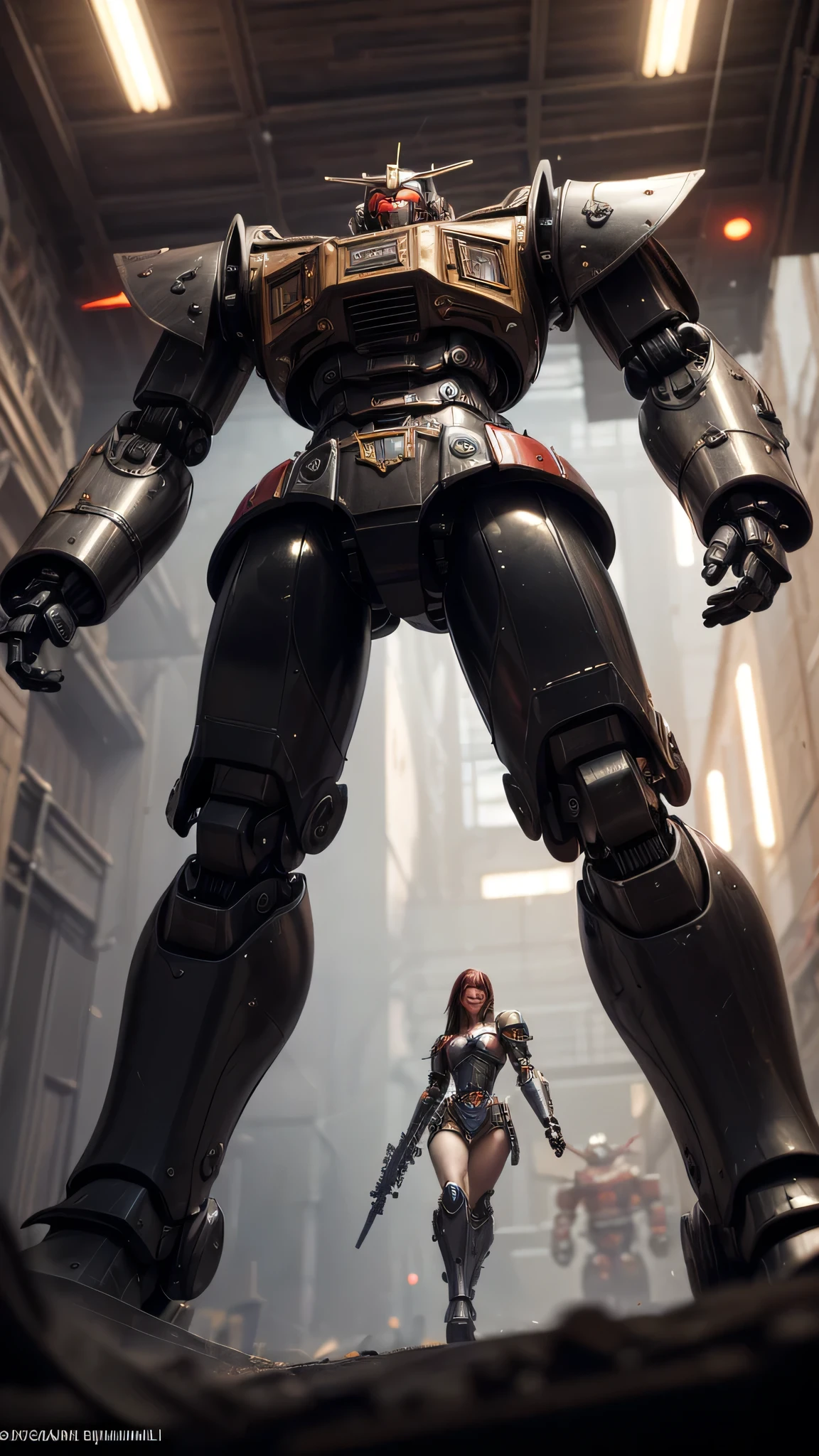 ((best quality: 1.5, masterpiece)), intricate details, soft focus, professional, real life, realistic representation of the face, dim volumetric lighting, dynamic pose, in the style of realistic and hyper detailed renderings BREAK (((2 characters, one cyberpunk steampunk girl, clockwork armor, black chrome armor:1.4, (background red white mecha, mechanical robot, weapons, Warhammer Dreadnaught, from below)))), film grain, bokeh, black background, dark empty room, photorealistic, hyper-realistic, 8K
