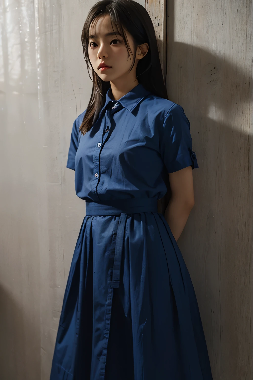 A cute girl is confined and tied up、Beauty、My wrists are tied with ropes.、Inside the room、Blue semi-long skirt、Red short sleeve shirt、Standing in front of a wall、Age 25、Medium build、Like real life、highest quality、