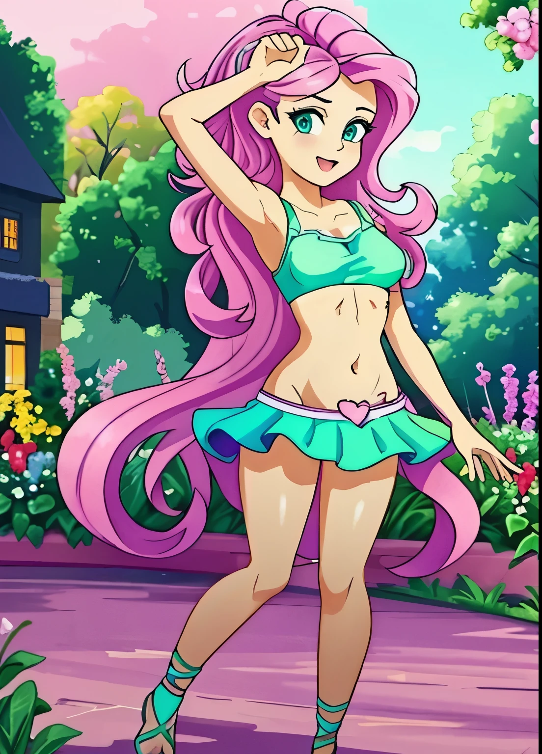 vibrant eyes, detailed midriff, detailed belly button, full body visible, Fluttershy, highres, ultra-detailed, HDR, studio lighting, best quality, pastel colors,epic glow, garden background, visible skin
