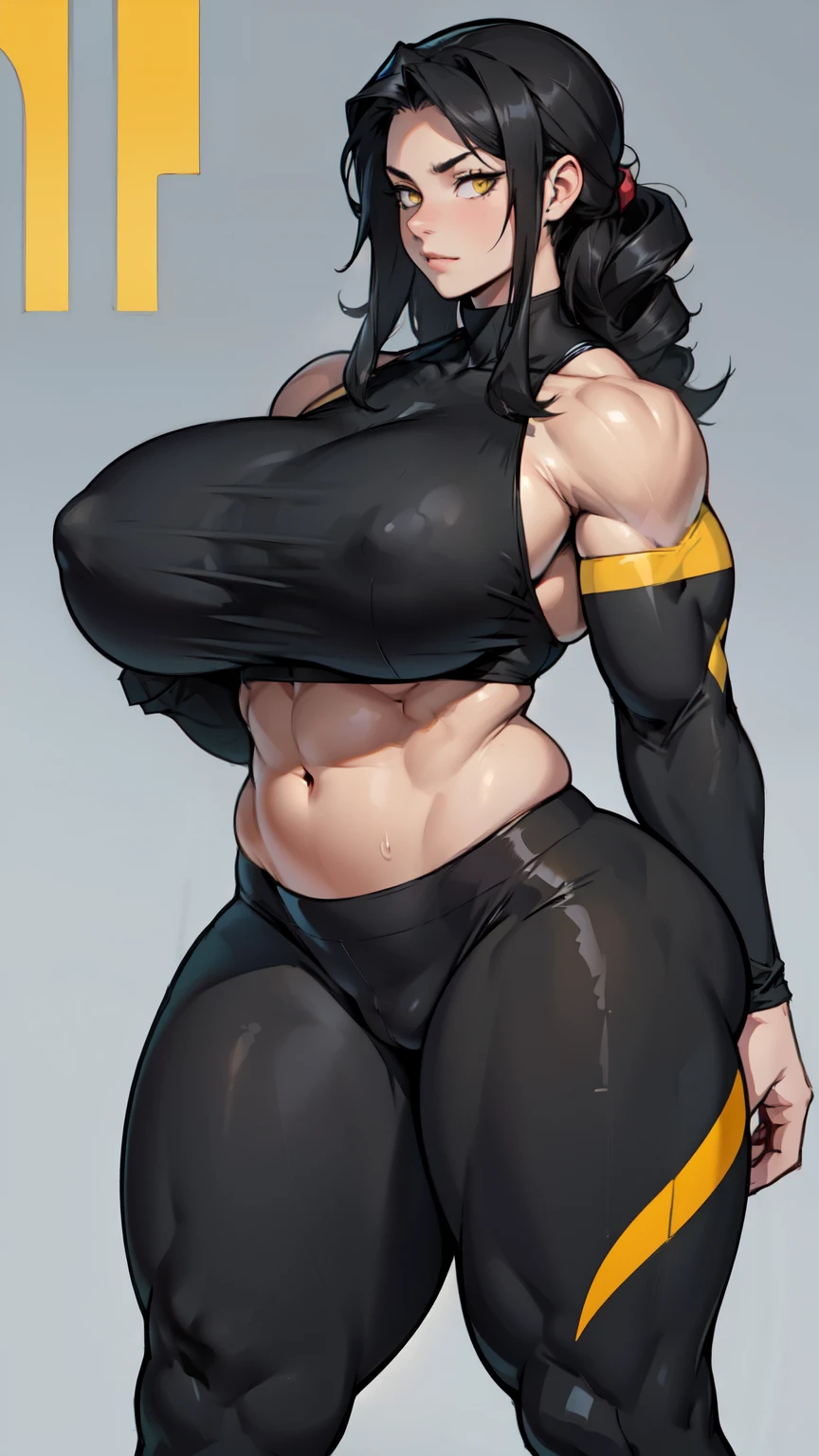 ((((muscular girl huge breasts huge thighs)))) pale skin black hair yellow eyes EXPRESSIONLESS curvy wide hips leggings