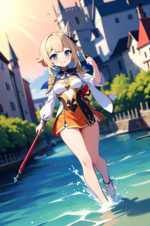 1girl,jean \(genshin impact\),genshin impact,

portrait,  dutch angle,full body
Orange uniform with light blue miniskirt,white nunchaku in the hand,

medieval castle, village,river, boat
lens flare,diffraction spikes, vapor,
blurry background,  depth of field,
medium  breasts,
smile,
perfect hand,, (masterpiece:1.2),(best quality:1.2), (absurdres:1.2), (detailed background),newest, ai-generated,
