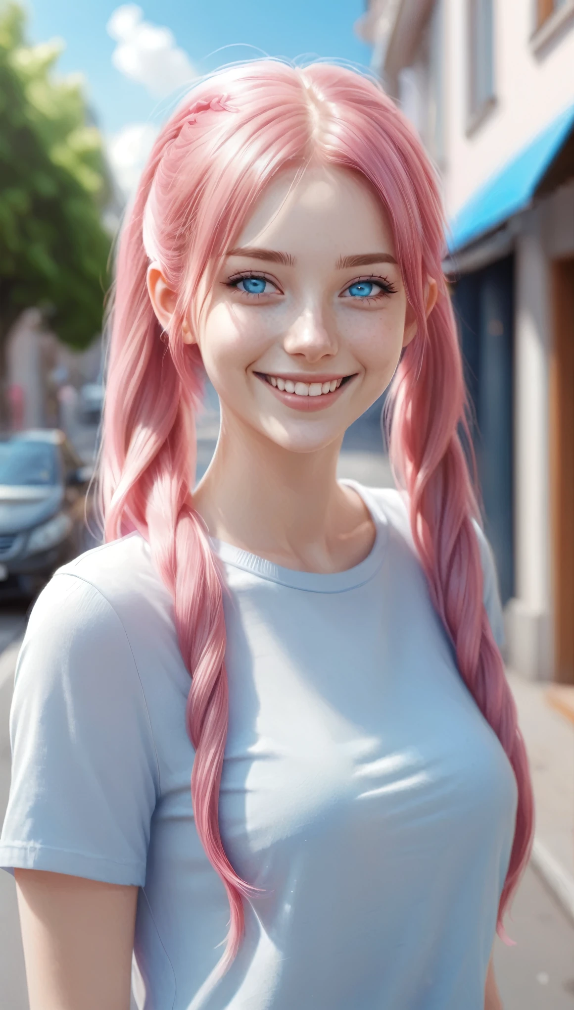 a beautiful smiling woman that is standing in the street, photo realistic, pink twintail hair and blue eyes, hot with shining sun, (full body:1.5)