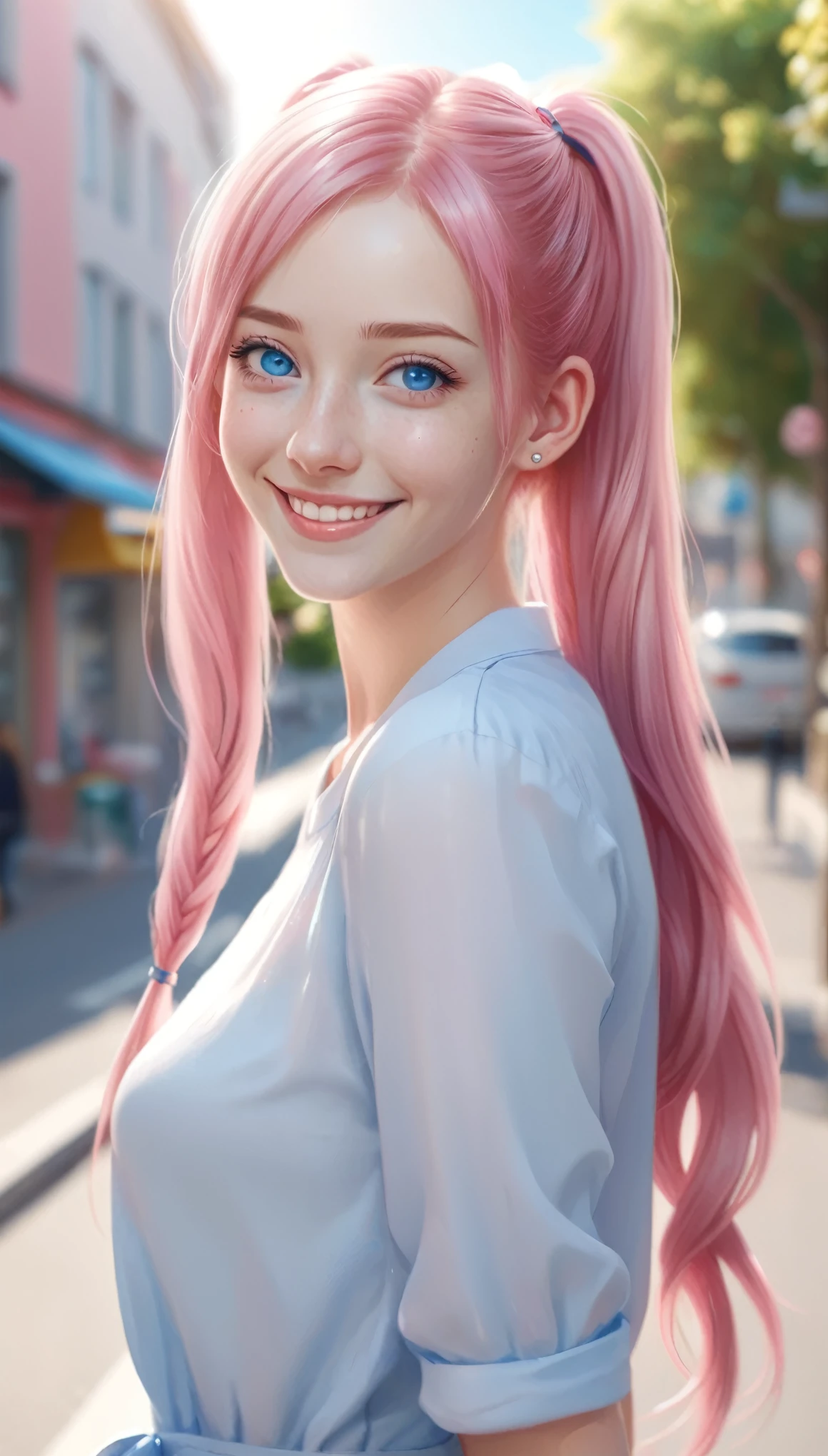 a beautiful smiling woman that is standing in the street, photo realistic, pink twintail hair and blue eyes, hot with shining sun, (full body:1.5)