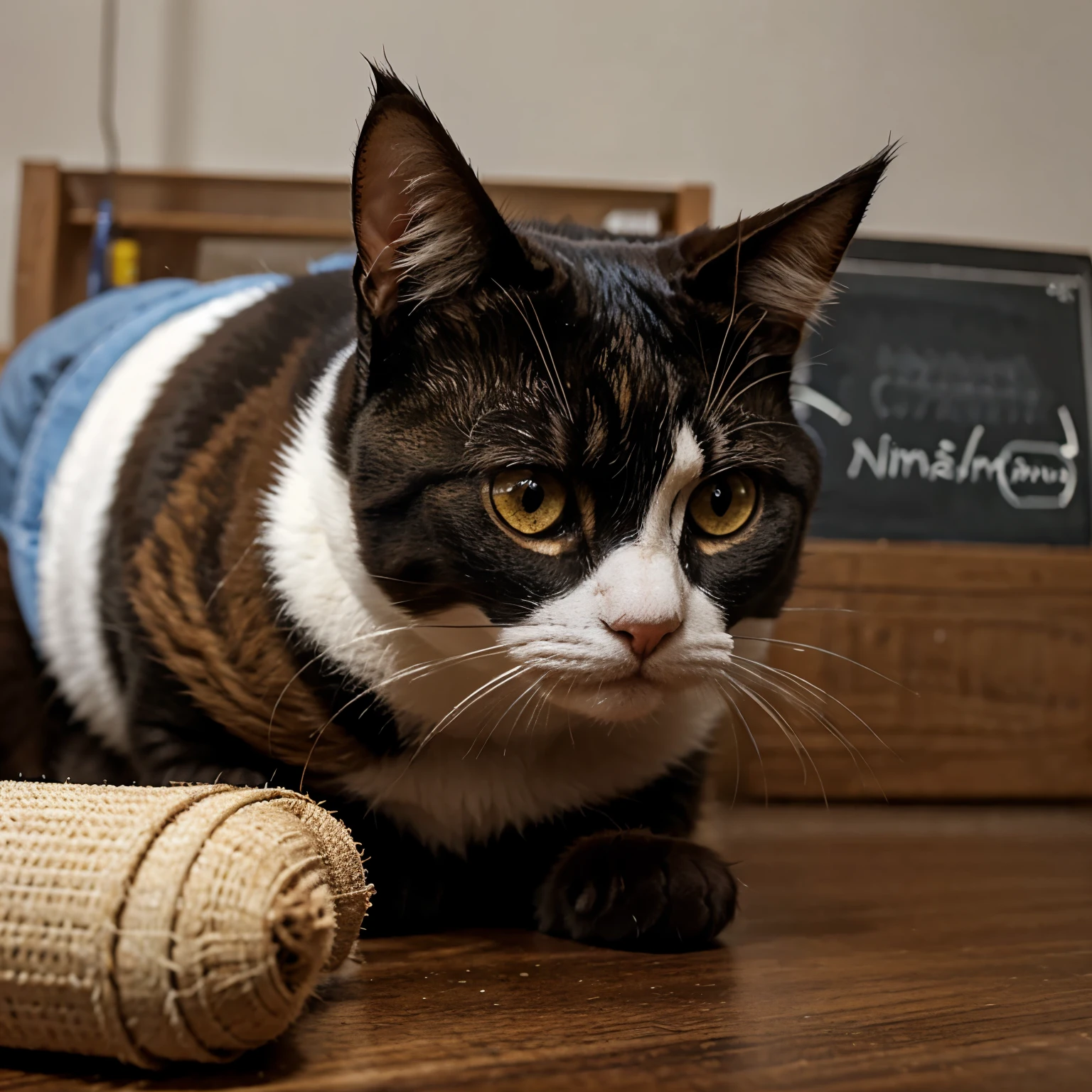 Un gato animado, doing chemistry work 