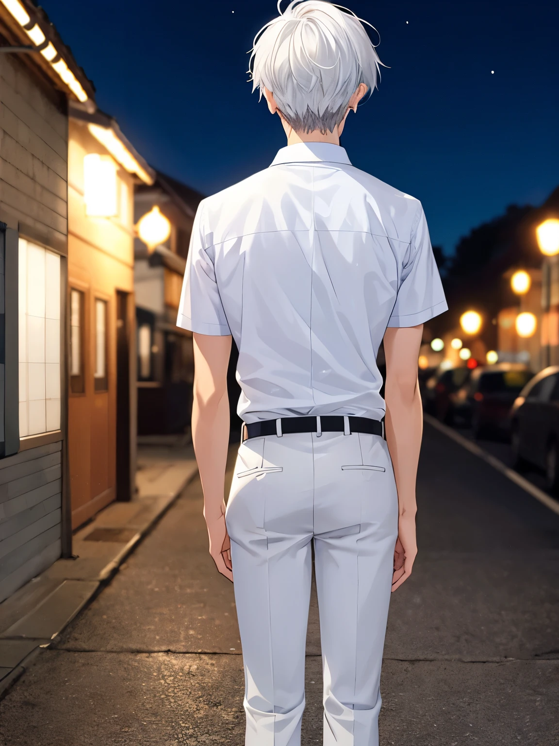 1boy,Standing,18 years old,Facing backwards, camera angle from behind, photo from behind, looking away, focus on back,guy, at night,full body photo,handsome,side parted hair,short hair, straight hair, white hair, white shirt,white trousers, vampire