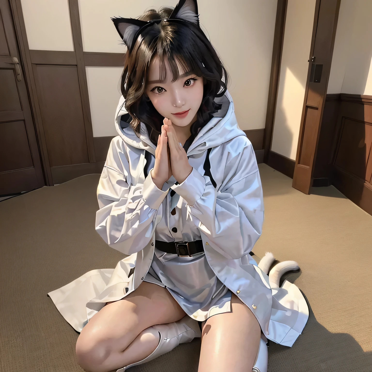 {{{masterpiece}}}, (masterpiece, best quality),1 cat girl, {Very delicate and beautiful}, (alone:1.5), (highest quality:1.2), (Ultra-high resolution, Realistic, RAW Photos:1.4),  Cool Cowgirl, blouse, （((Decorated hooded armor jacket))), Cross Belt, mini skirt, Red Leather Long Boots, Absurd, RAW Photos, Very delicate and beautiful, masterpiece, highest quality, Ultra-high resolution, 32k, Surreal, Super detailed, Detailed Description,  20-year-old, Short Medium Hair, Wavy Hair, Full Body Shot,8k, Cinema Lighting, Beautiful lighting, professional、8K, The best masterpiece, thank you pose,  Put your hands together in front of your chest in prayer pose, Pose for a request, A cat girl wearing an attractive white blouse, Very beautiful cute cat girl, Beautiful young cat girl, Real life anime cat girl, Beautiful Asian Cat Girl, Japanese Model, Realistic young gravure idol, Beautiful Japanese girl face, Beautiful Korean Women, Cat-eared girl, Beautiful young Korean woman, Realistic cat ears, Short Hair, smile, Roundhouse kick, Fighting Style, 