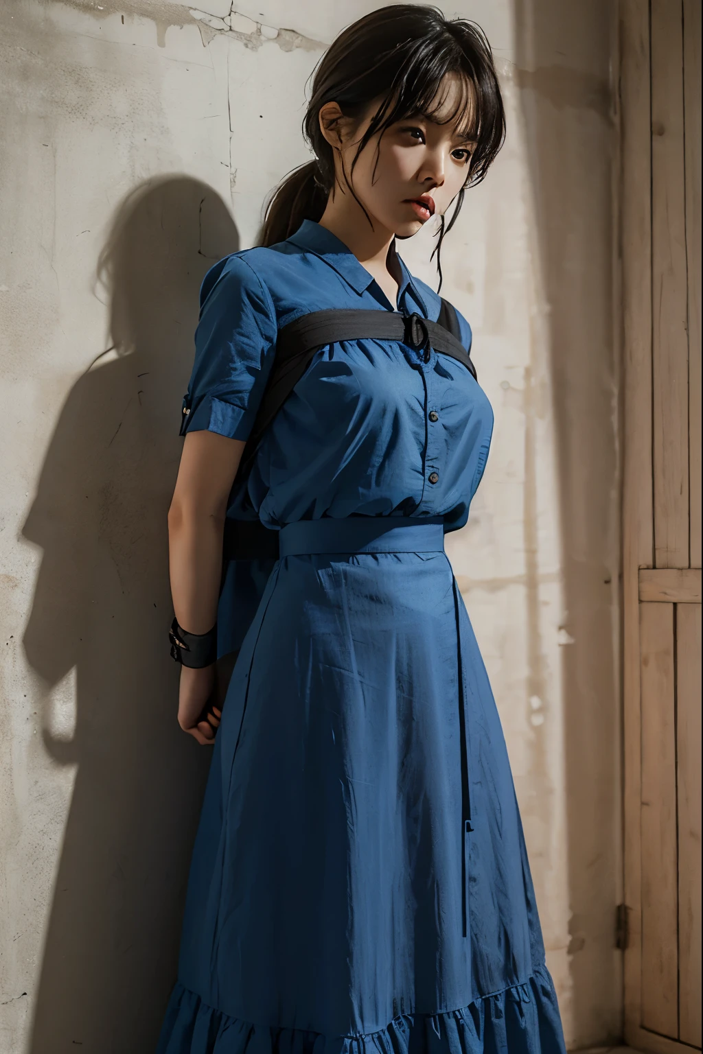 A cute girl is confined and tied up、Beauty、My hands are tied with ropes、Inside the room、Blue semi-long skirt、Red short sleeve shirt、Standing in front of a wall、Age 25、Medium build、Like real life、highest quality、