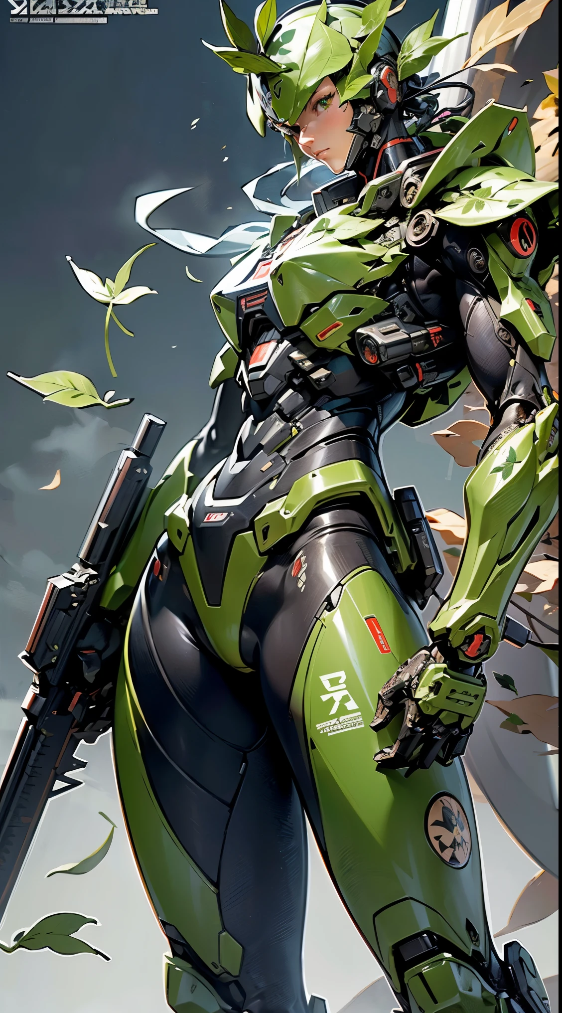 (masutepiece,Extremely detailed, Heavy mechs, hard surface),(concept art:1.1),(Armored Core Style:0.8), A man wearing ninja robo armor is standing,(light green body:1.1),(long legged:1.1),(equipped with a gun:1.1),(A detailed eye:1.3),(A detailed face:1.3),(Detailed weapons:1.3),(Detailed body:1.3),((full bodyesbian:1.5)),(In the background, leaves are scattered by the wind.:1.5),lifelike